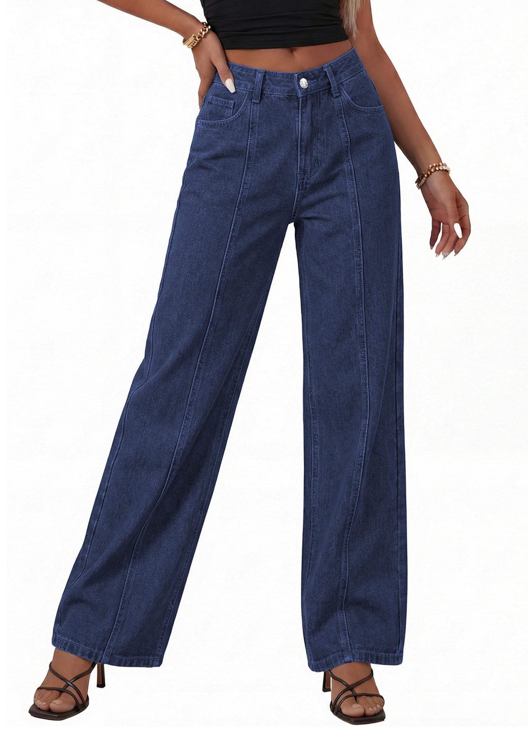 Women's Wide Leg Jeans Stretchy Baggy Denim Pants,Deep Blue,4