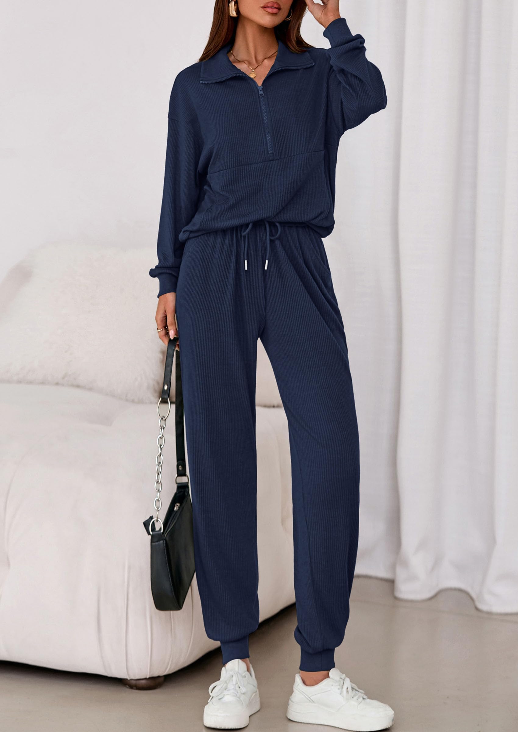 Airport Travel Outfit Women Ribbed Knit Matching Lounge Sets