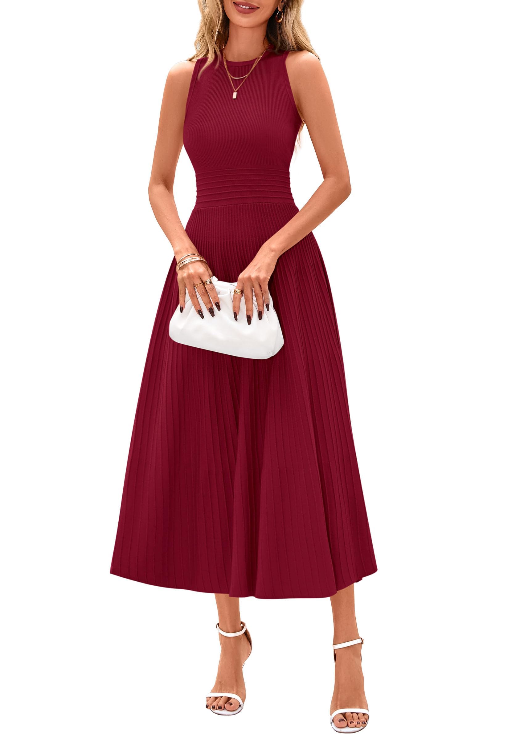 Women's Summer Pleated Midi Work Dress,Burgundy,S