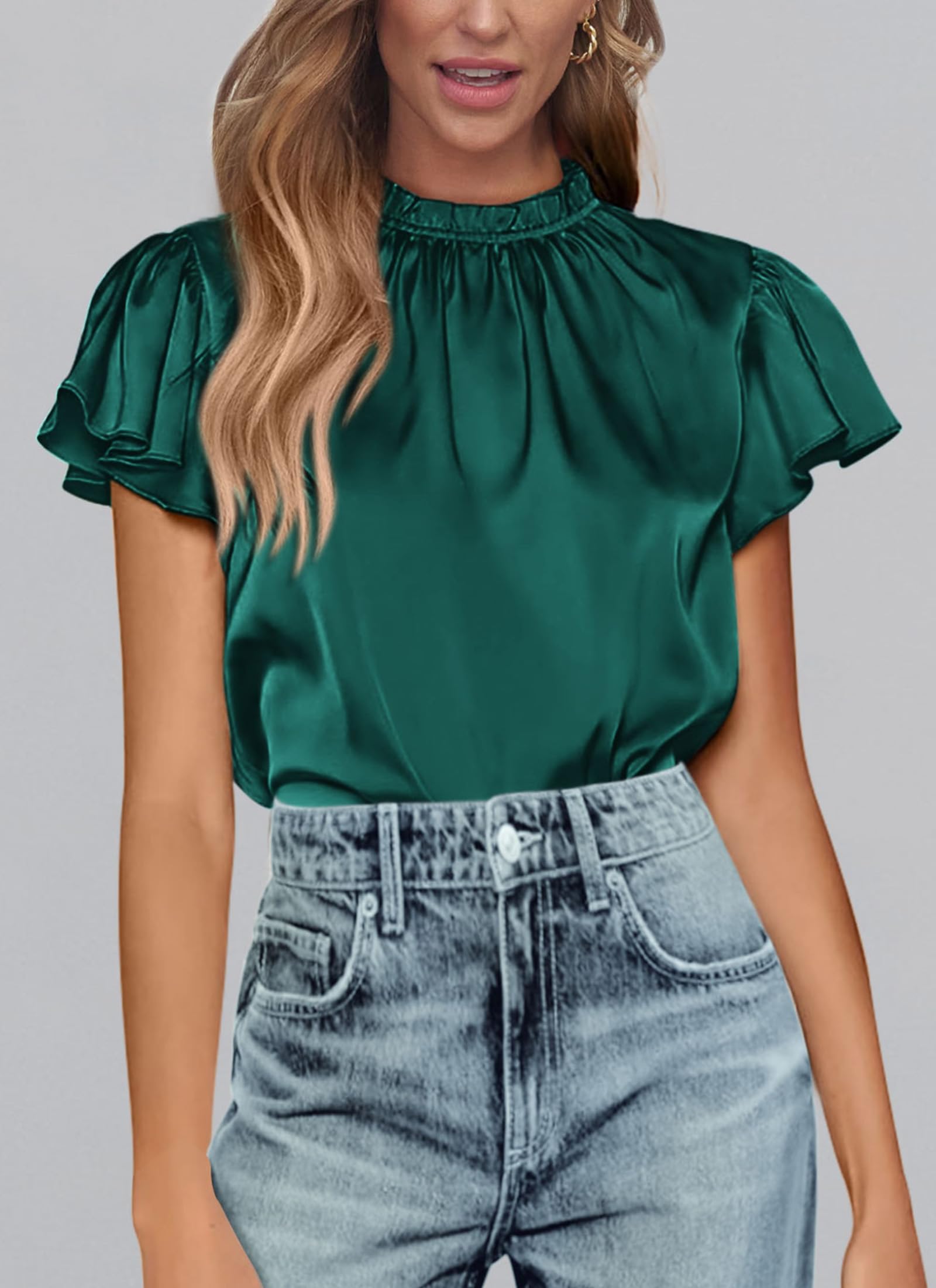 Women's Satin Tops Business Casual Work Blouses, Dark Green,S