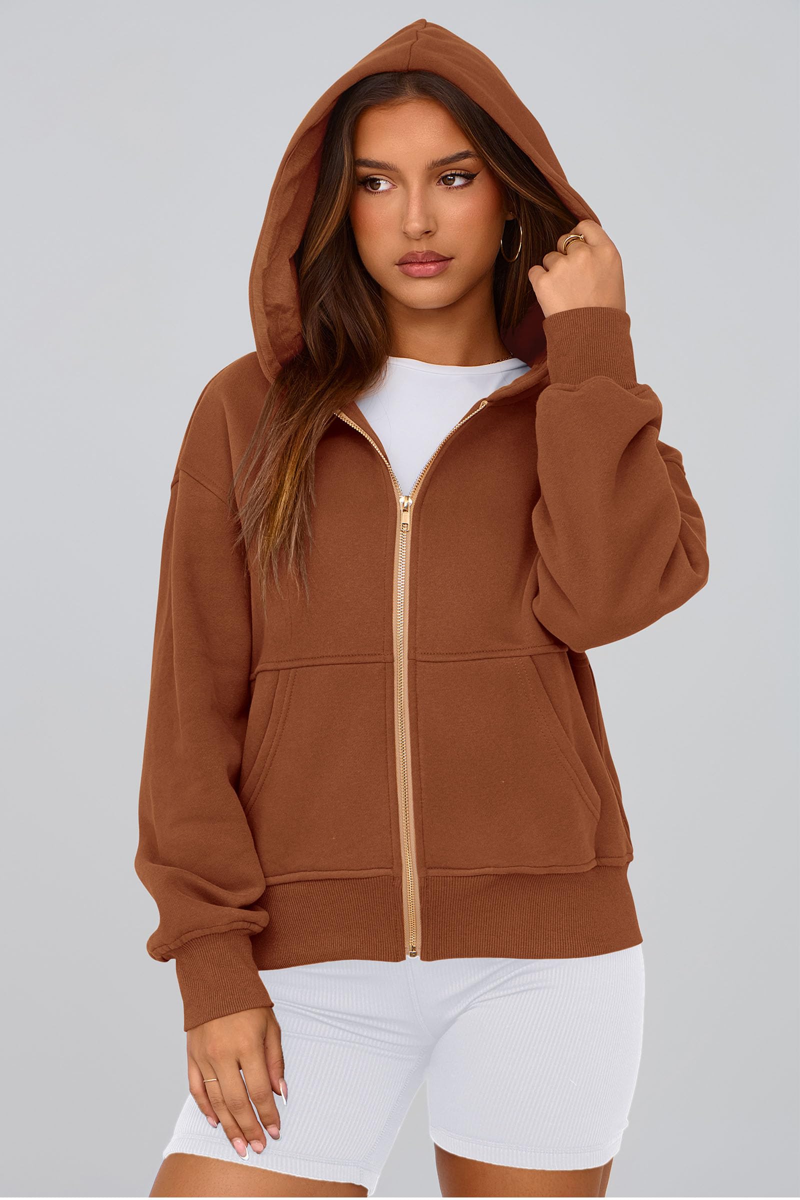 Hoodies for Women Fall Fashion Zip Up Fleece Plain Sweatshirt