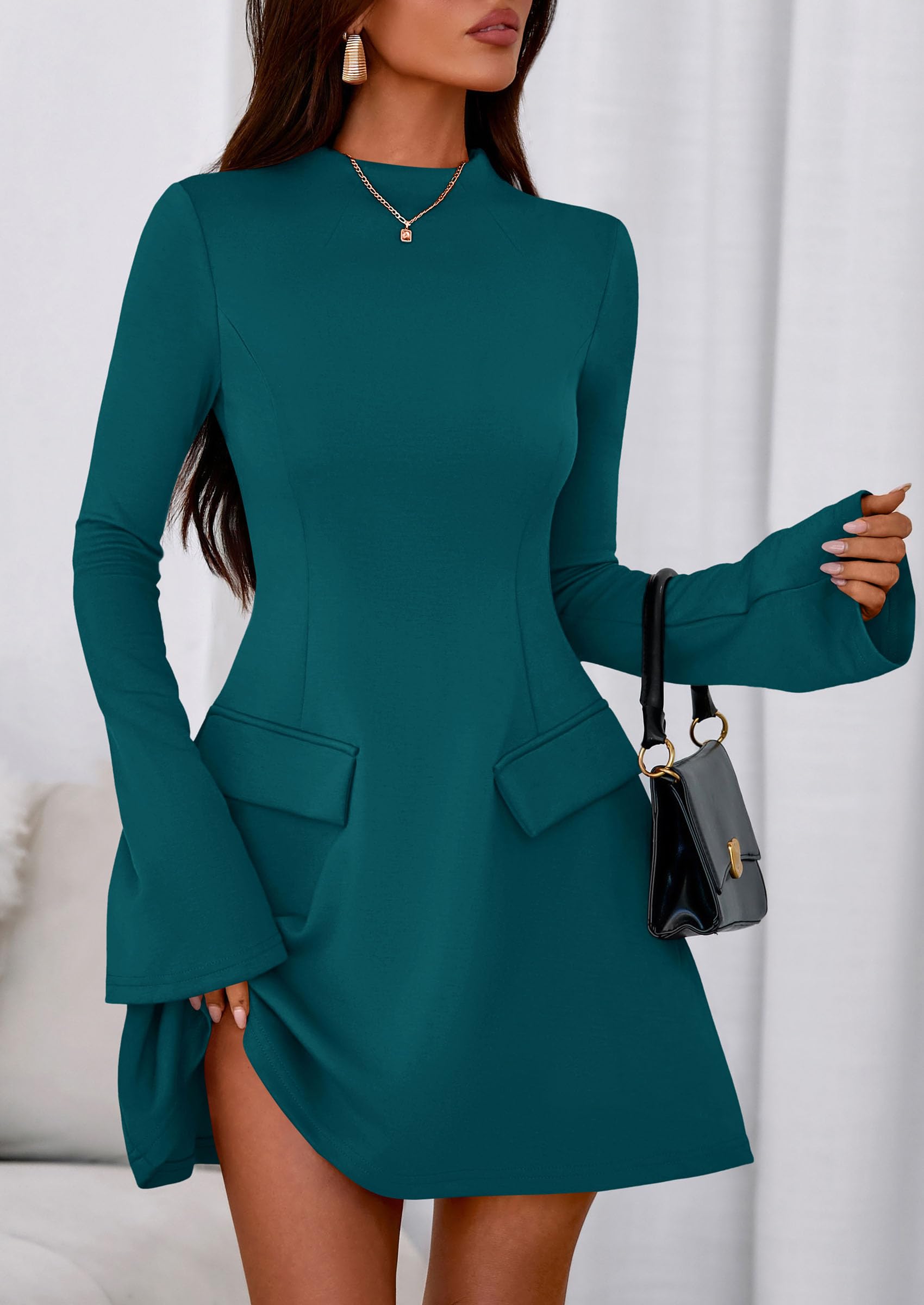 Women's Fall Bell Sleeve Short Dress,Blue Green,XS