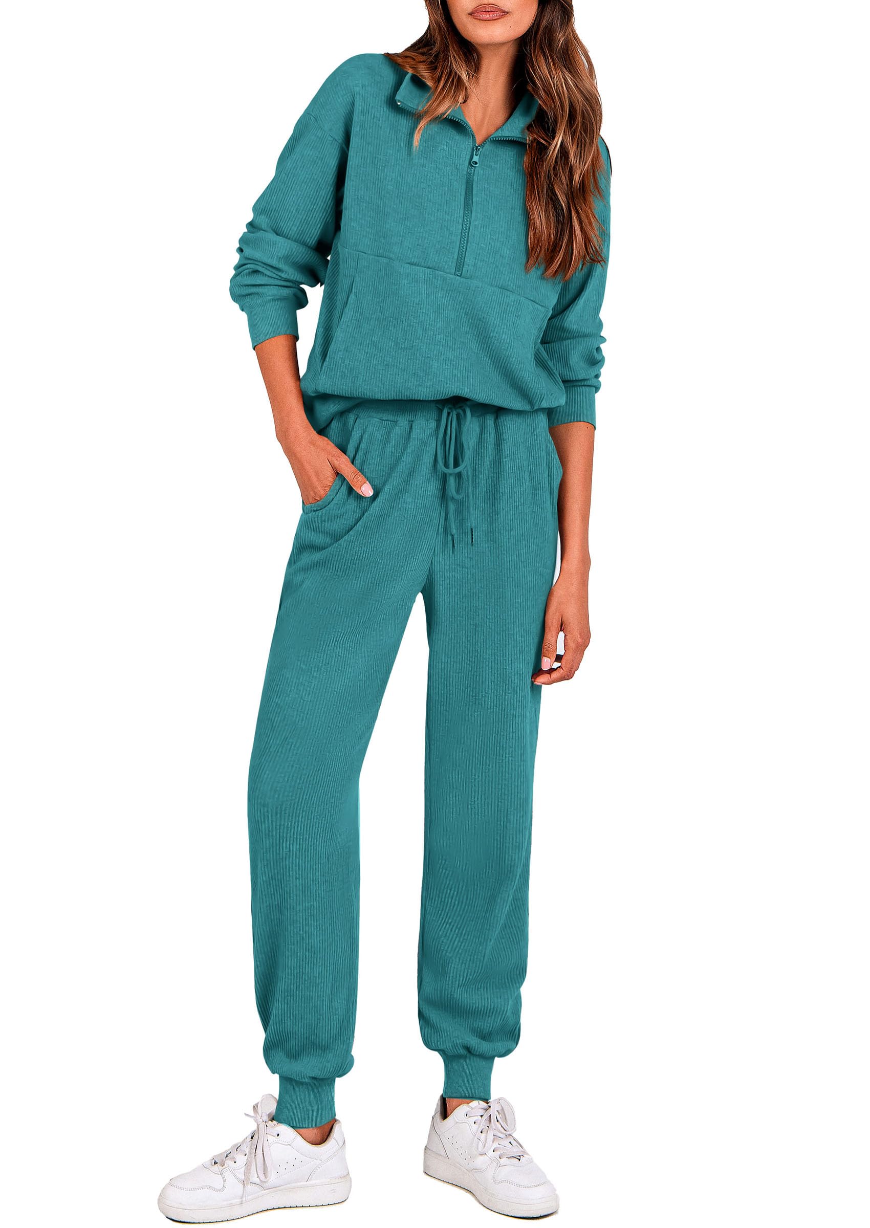 Airport Travel Outfit Women Ribbed Knit Matching Lounge Sets