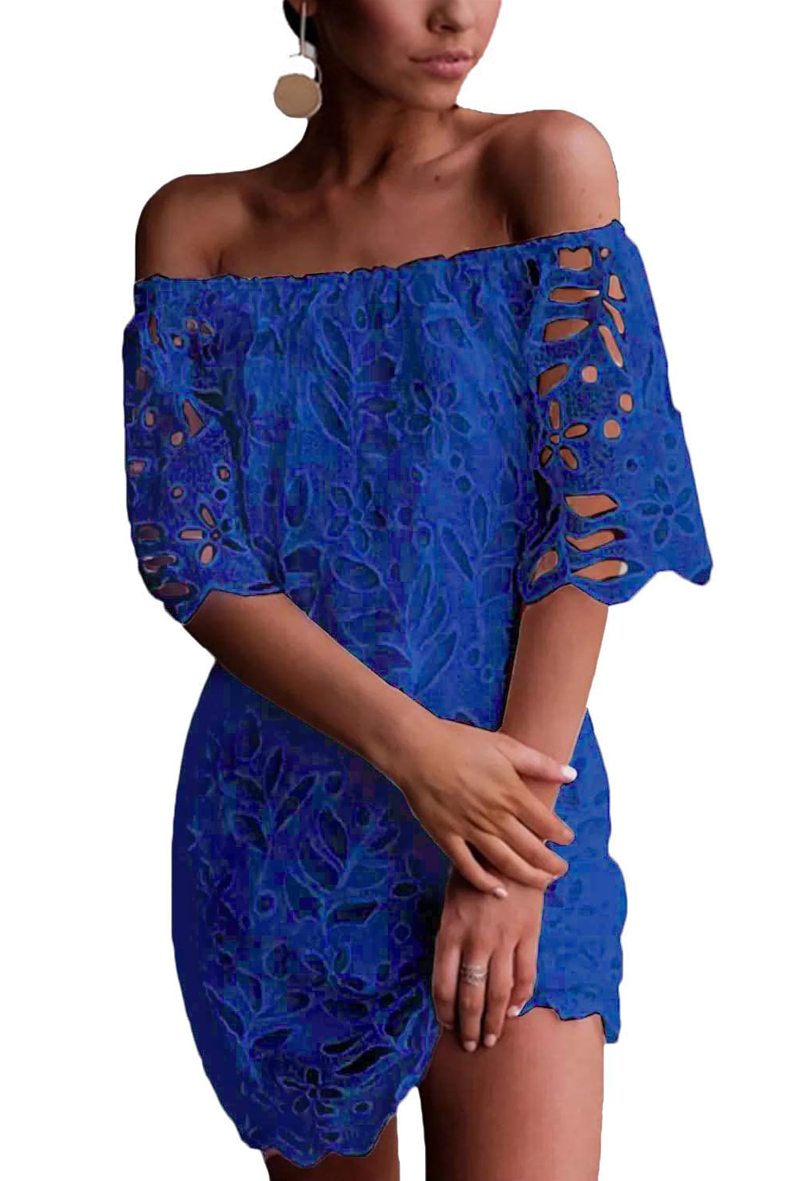 Women's Boho Off the Shoulder Lace Mini Dress, Dark Blue,S