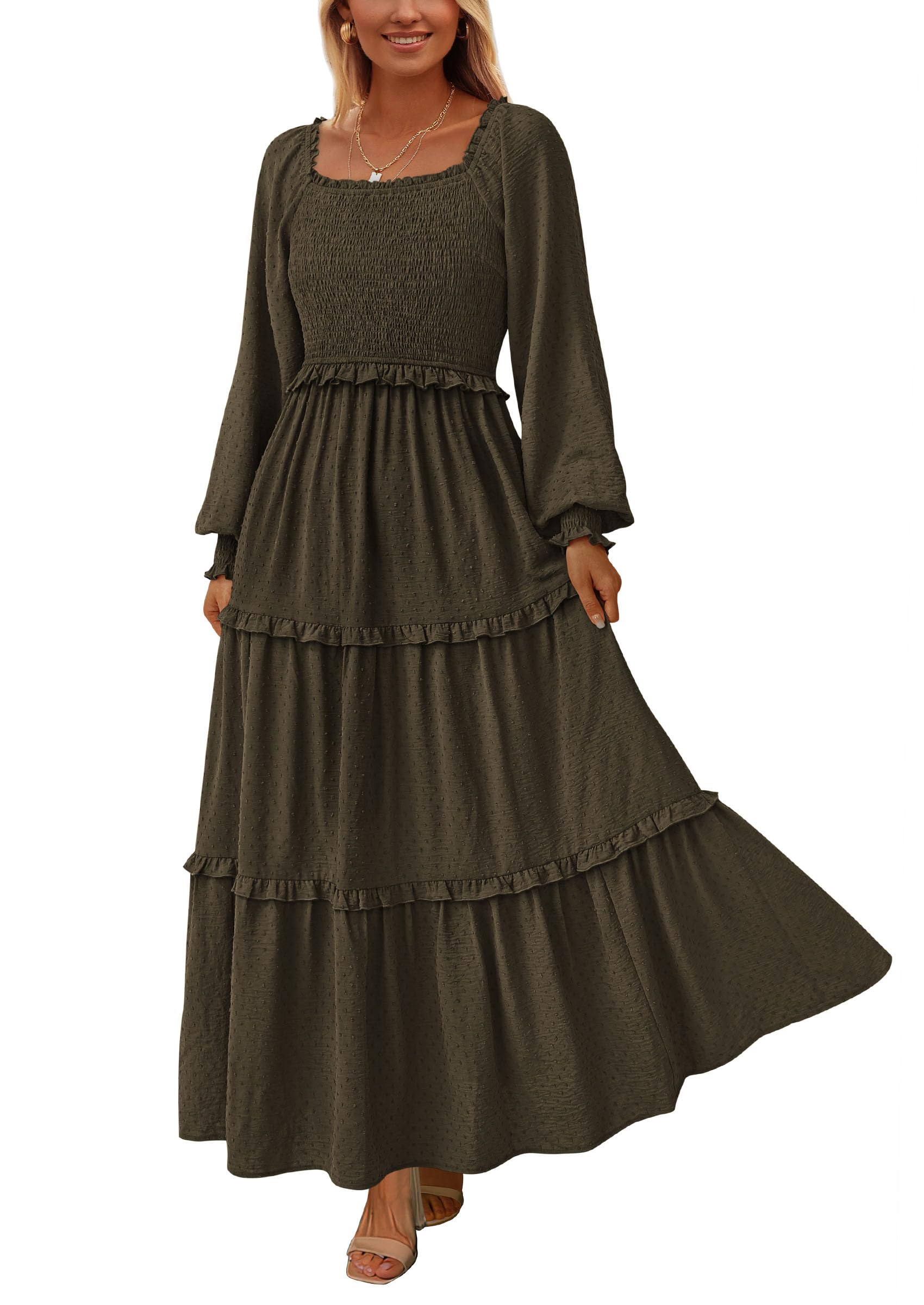 Women's Smocked Long Sleeve Maxi Dress Wedding Guest Dresses