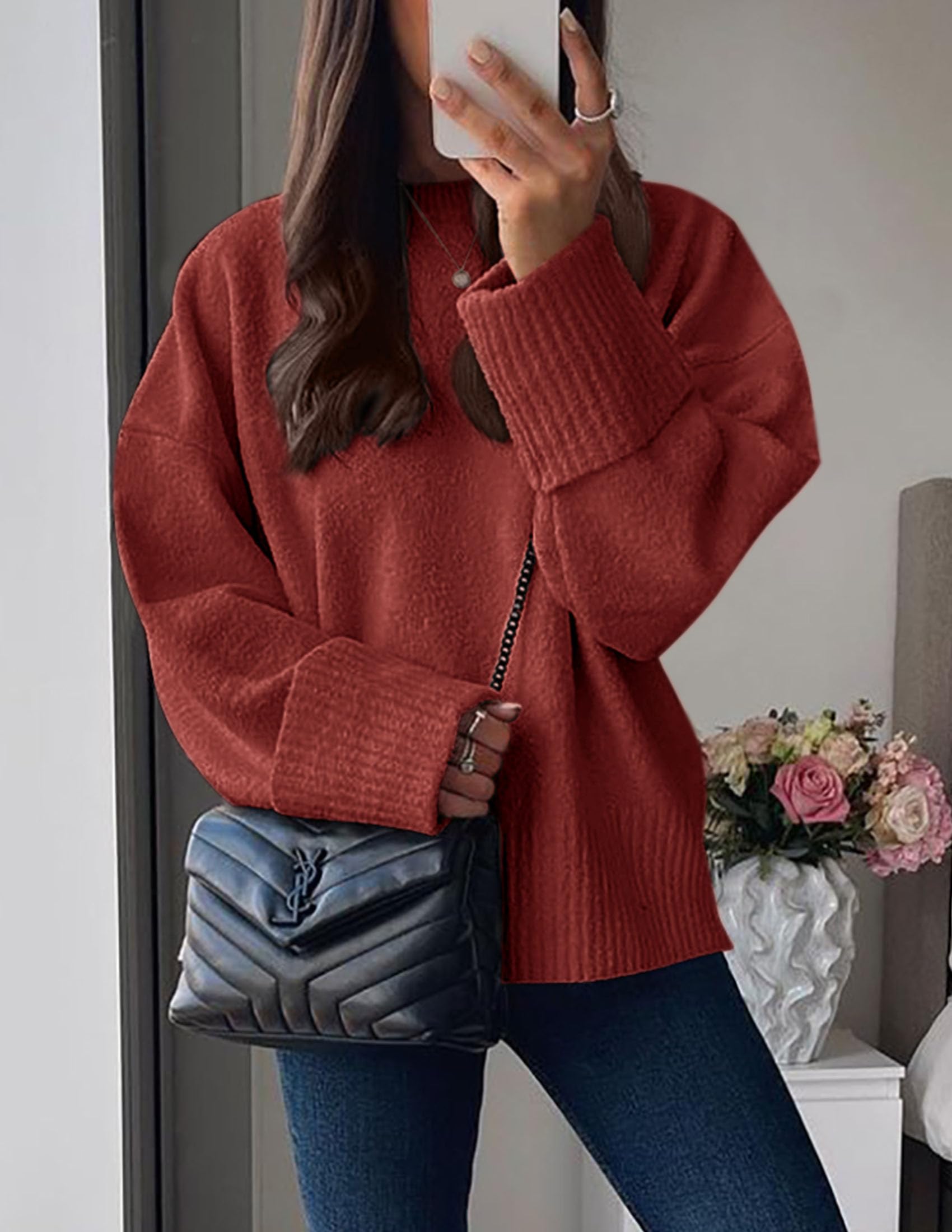 Women's Fall Fashion Cozy Oversized Sweaters(Rust Red,XS)