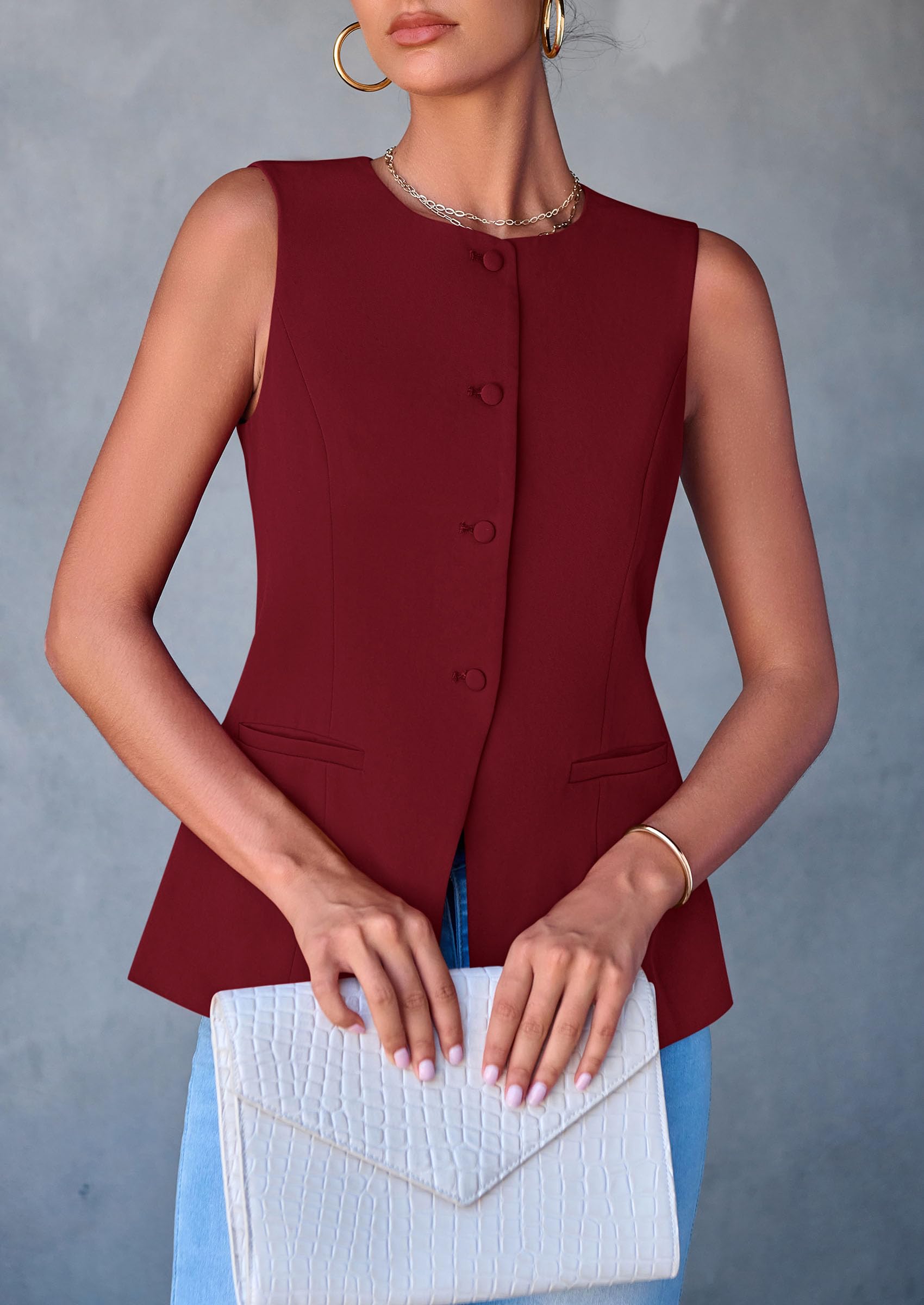 Women Tailored Suit Vest Business Casual Tops, Red,S