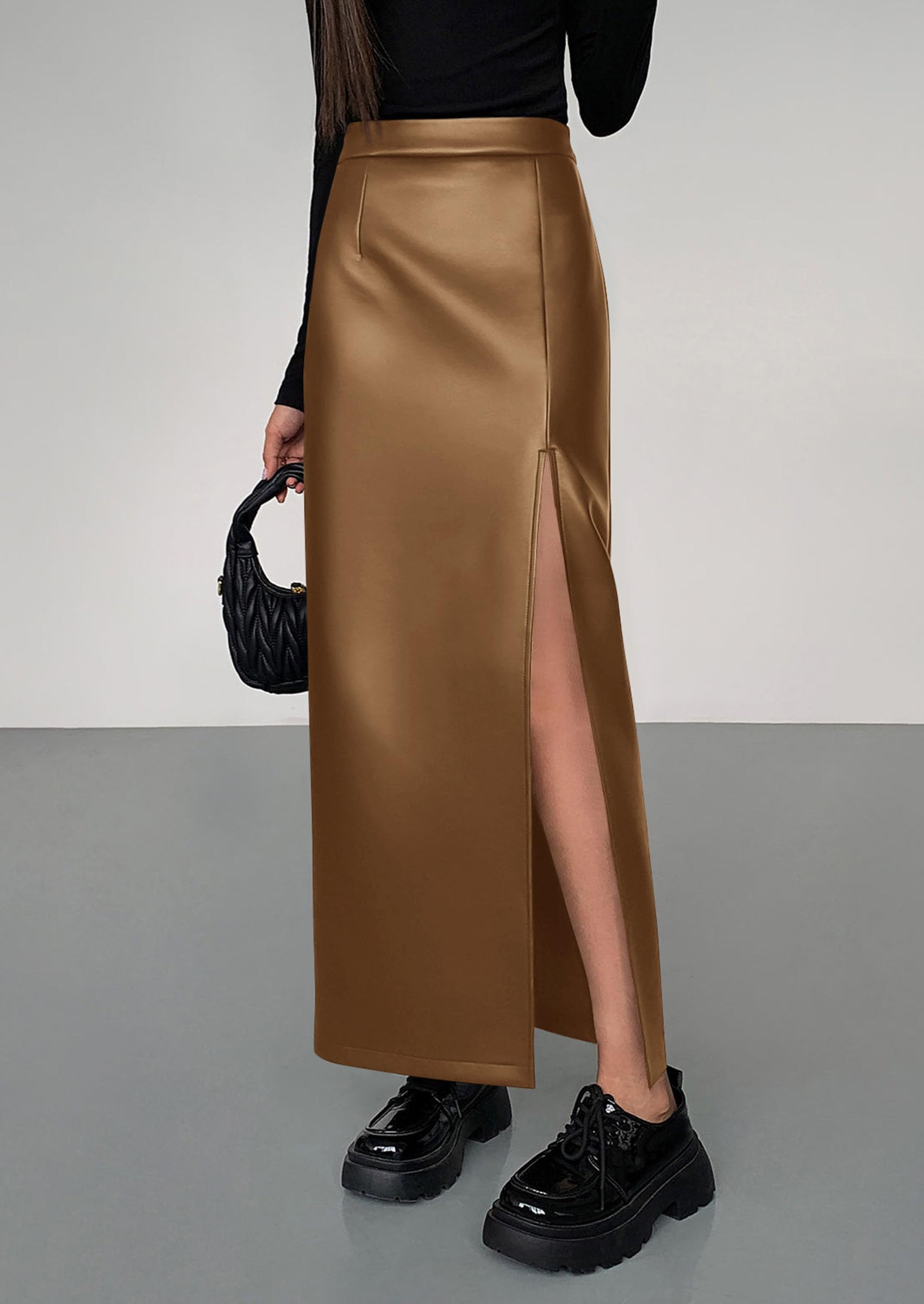 Women's Faux Leather Long Pencil Skirt,Camel,S