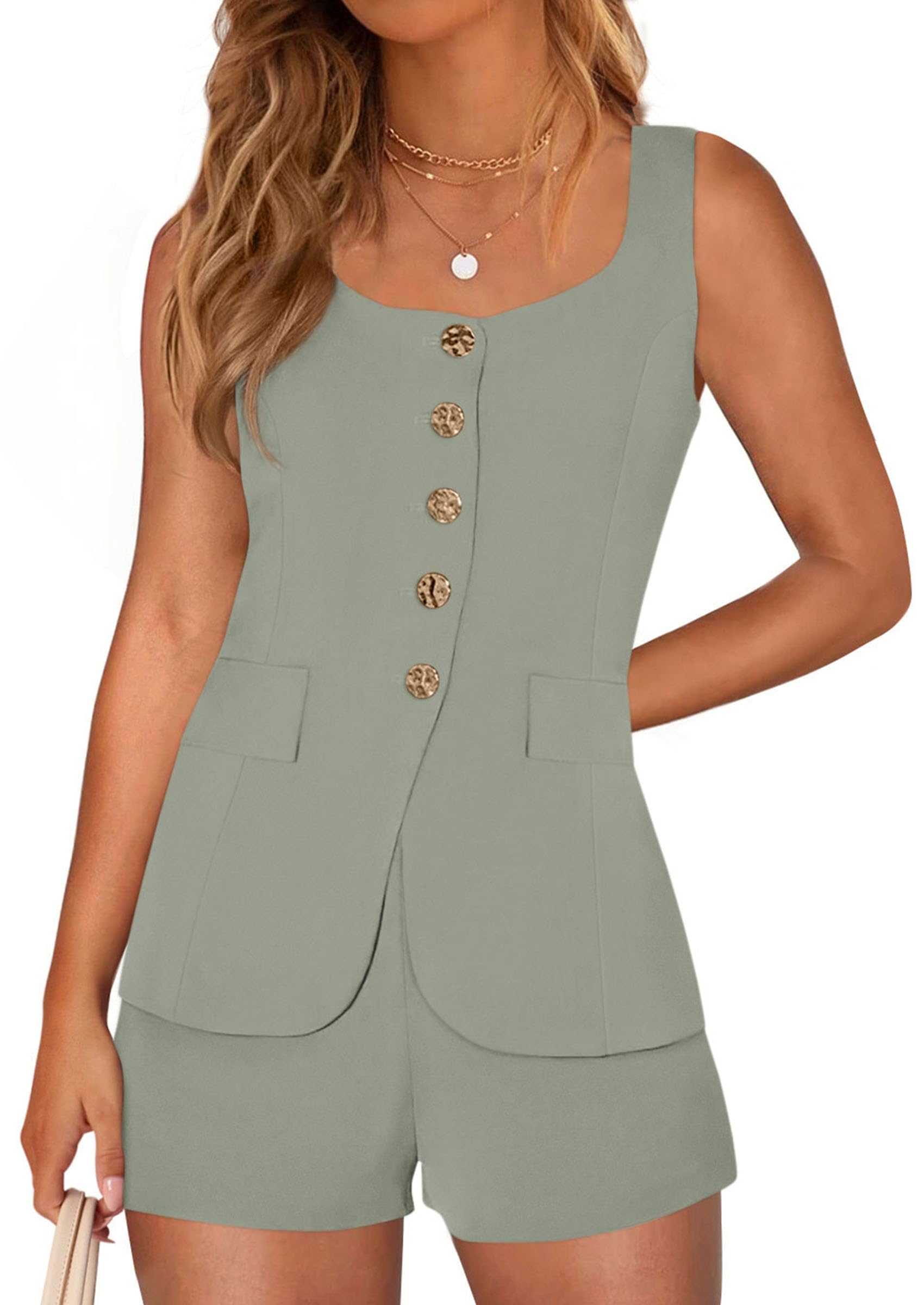 Womens Button Down 2 Piece Matching Sets,Grey Green,S