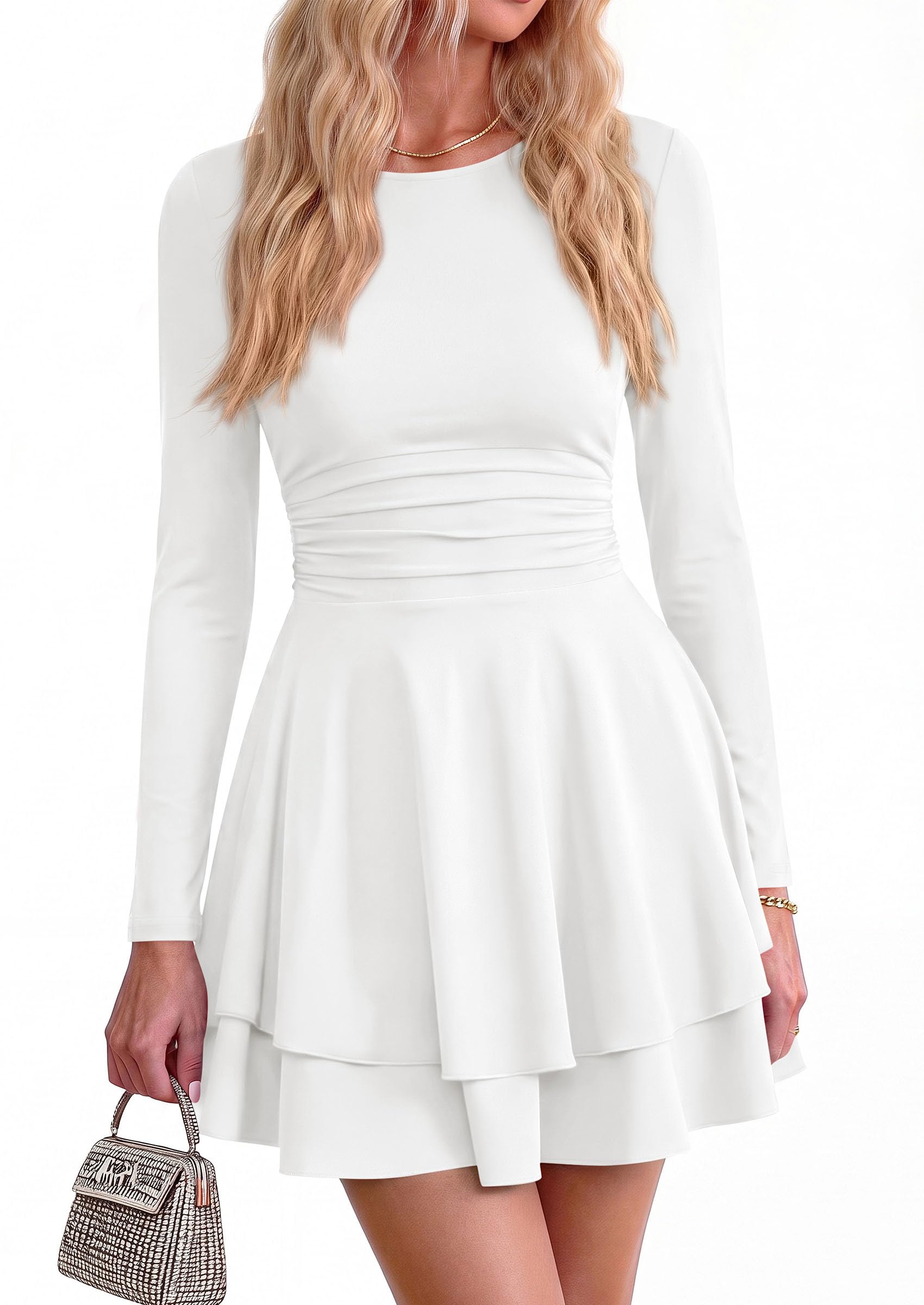 Womens Fit and Flare Crewneck Long Sleeve Mini Dress White,S
