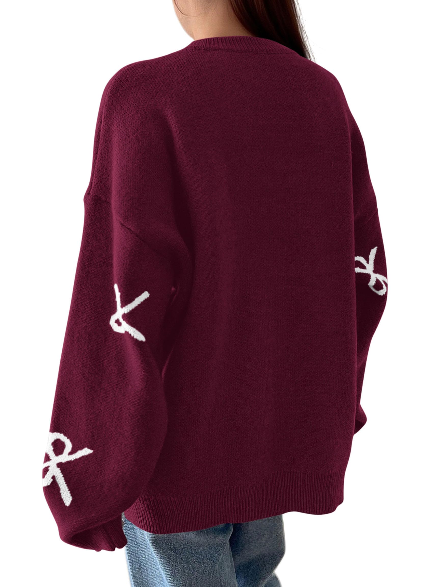 Fall Long Sleeve Pullover Sweaters for Women 2026 Trendy Crewneck Casual Cute Bow Chunky Knit Oversized Sweater (Wine Red,Small)