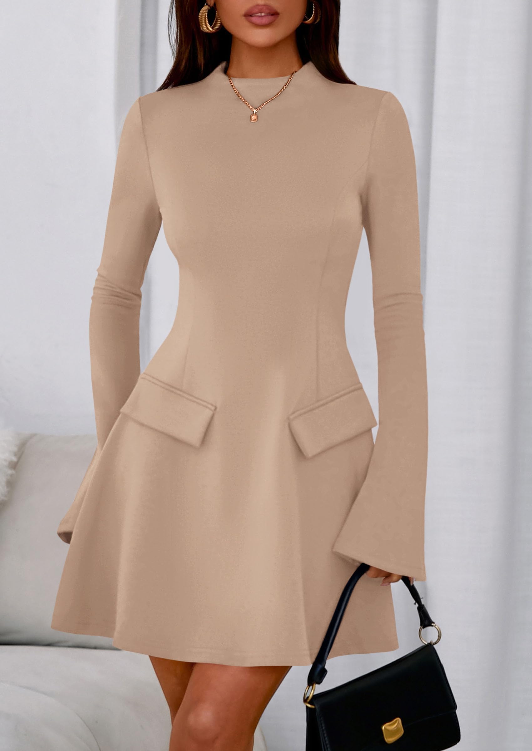 Women's Fall Bell Sleeve Short Dress,Khaki,XS