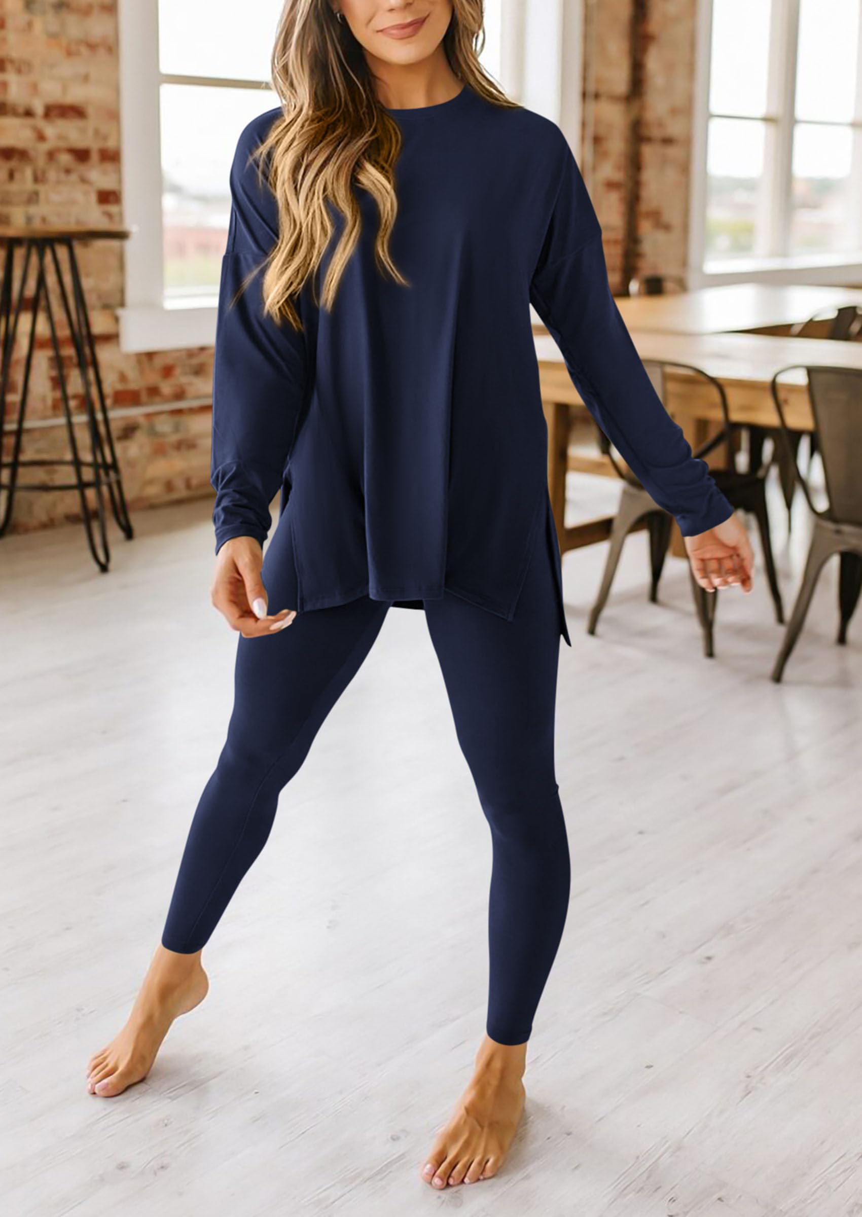 Women's 2 Piece Outfits Matching Lounge Sets,Navy,L