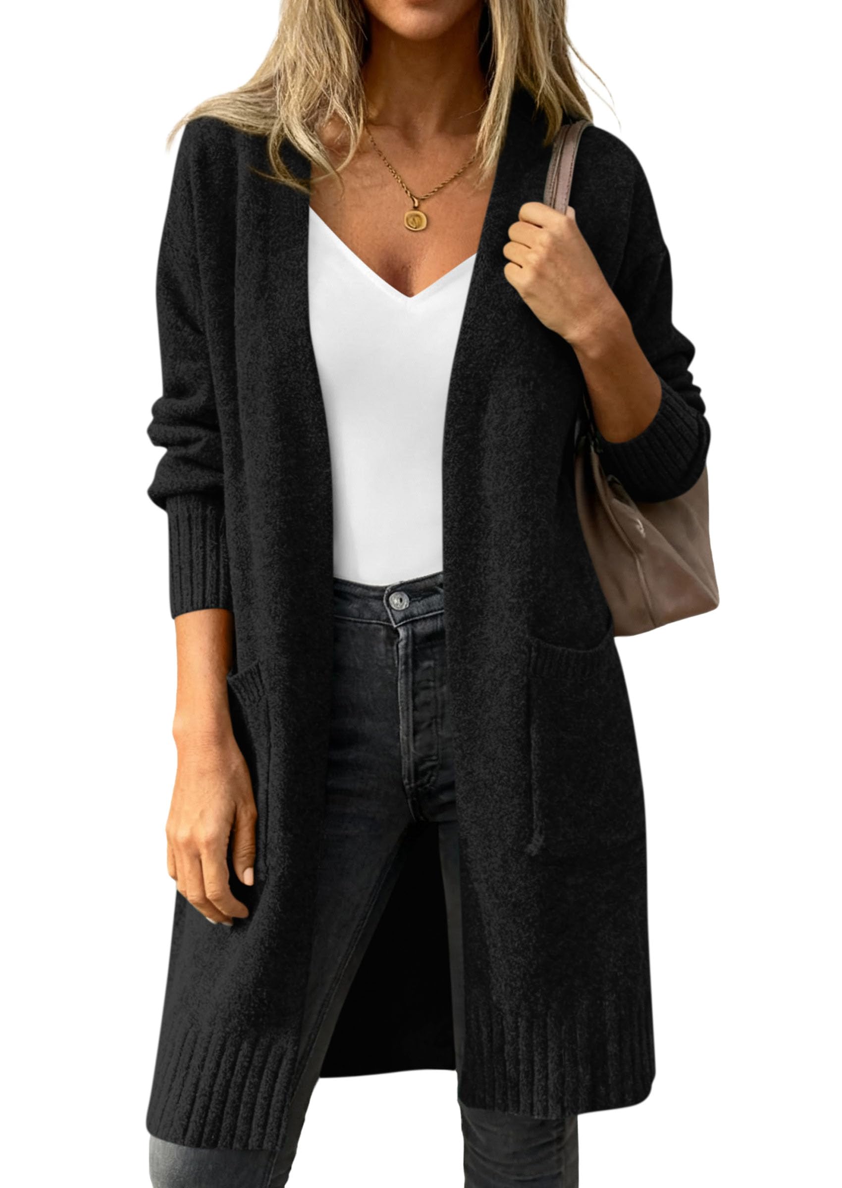 Women's Oversized Open Front Long Knit Cardigan,Black,S