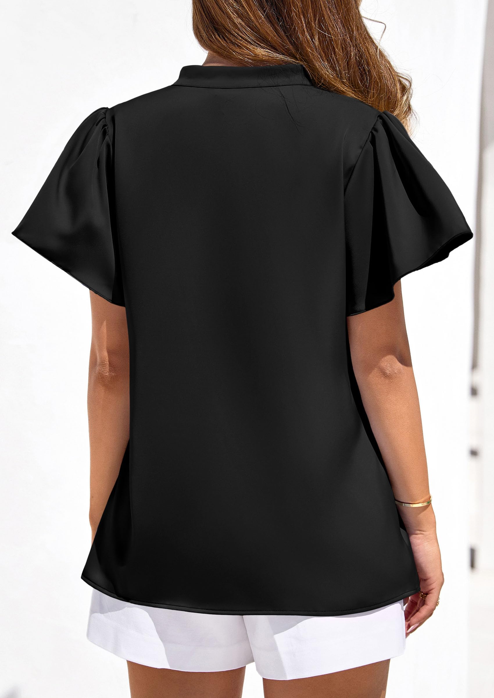 Women's Summer Satin Dressy Casual Blouses (Black,S)