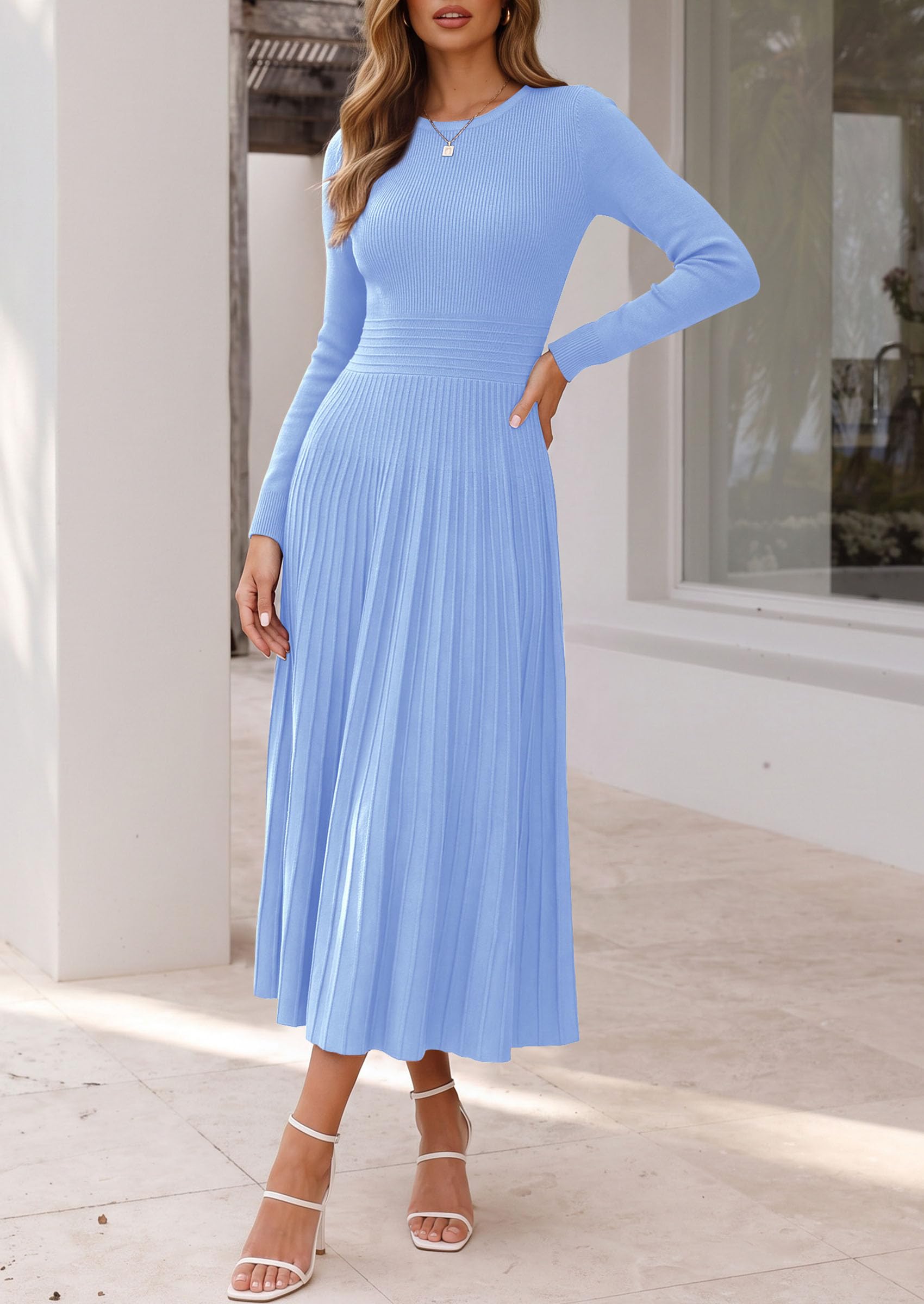 Women's Long Sleeve Knit Maxi Sweater Dress,Light Blue,M
