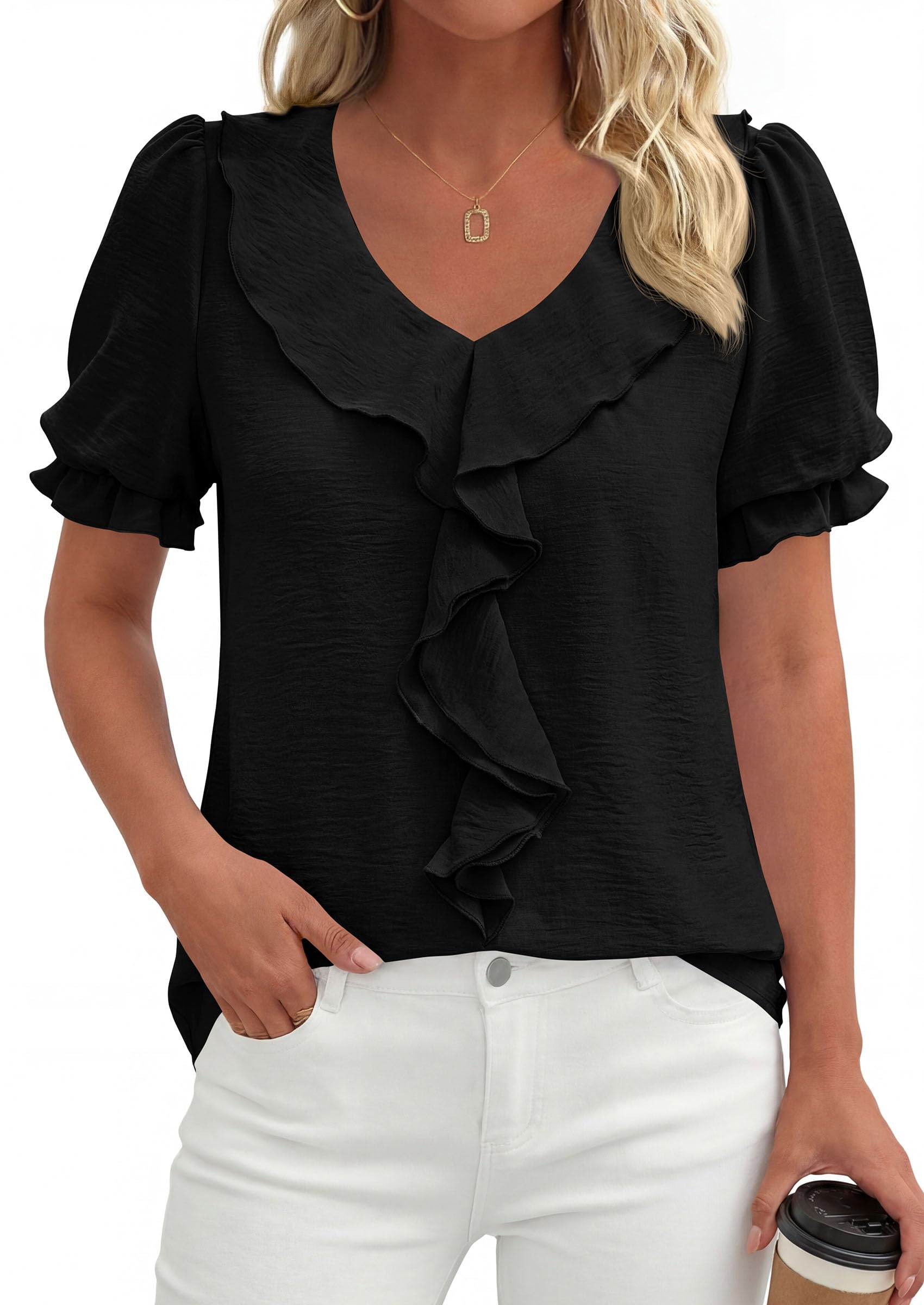 Women's Summer Ruffle Dressy Casual Blouses (Black,S)
