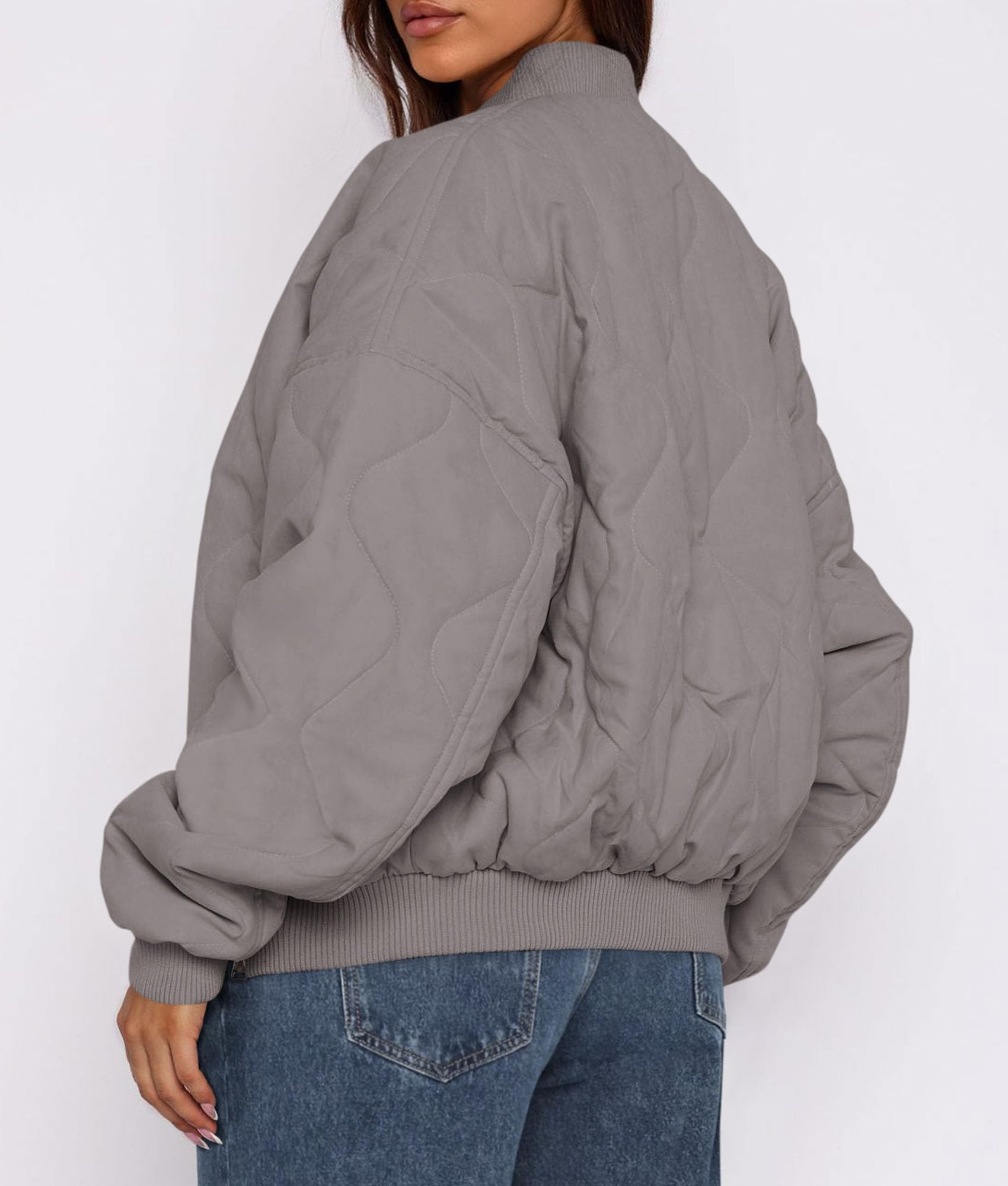 Women's Quilted Bomber Jacket Fall Fashion 2026 Lightweight Cropped Zip up Outerwear Winter Puffer Coats Pockets (Grey,Small)