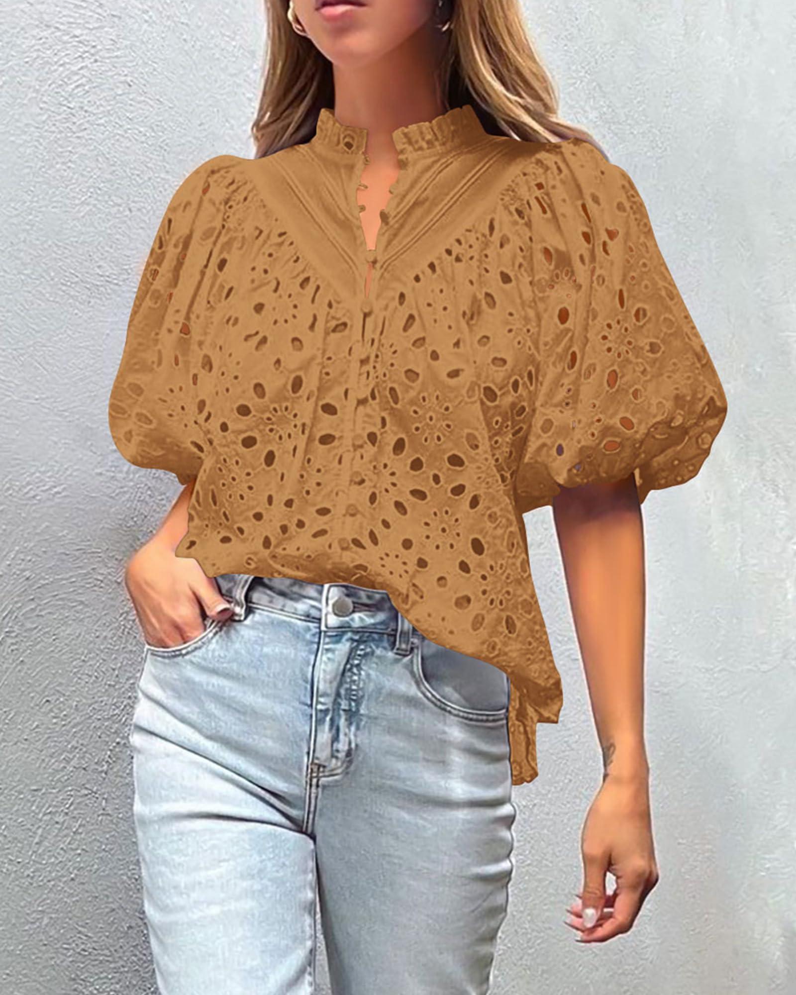 Womens Tops Boho Eyelet Puff Sleeve Blouse, Khaki,S
