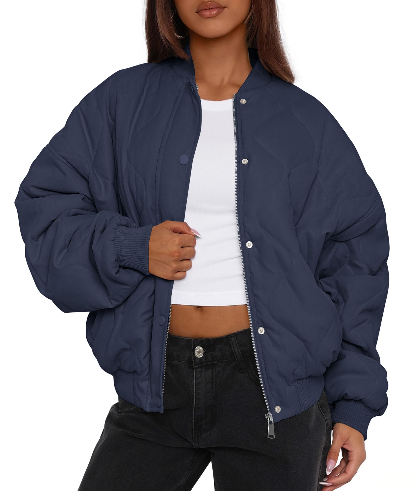 Women's Quilted Bomber Jacket Fall Fashion 2026 Lightweight Cropped Zip up Outerwear Winter Puffer Coats Pockets (Navy Blue,Small)