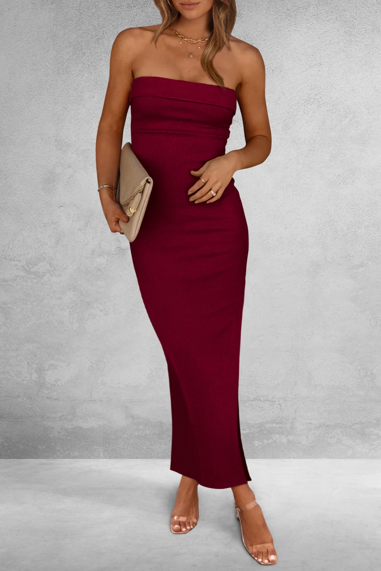 Women's Summer Strapless Cocktail Maxi Dresses Wine Red
