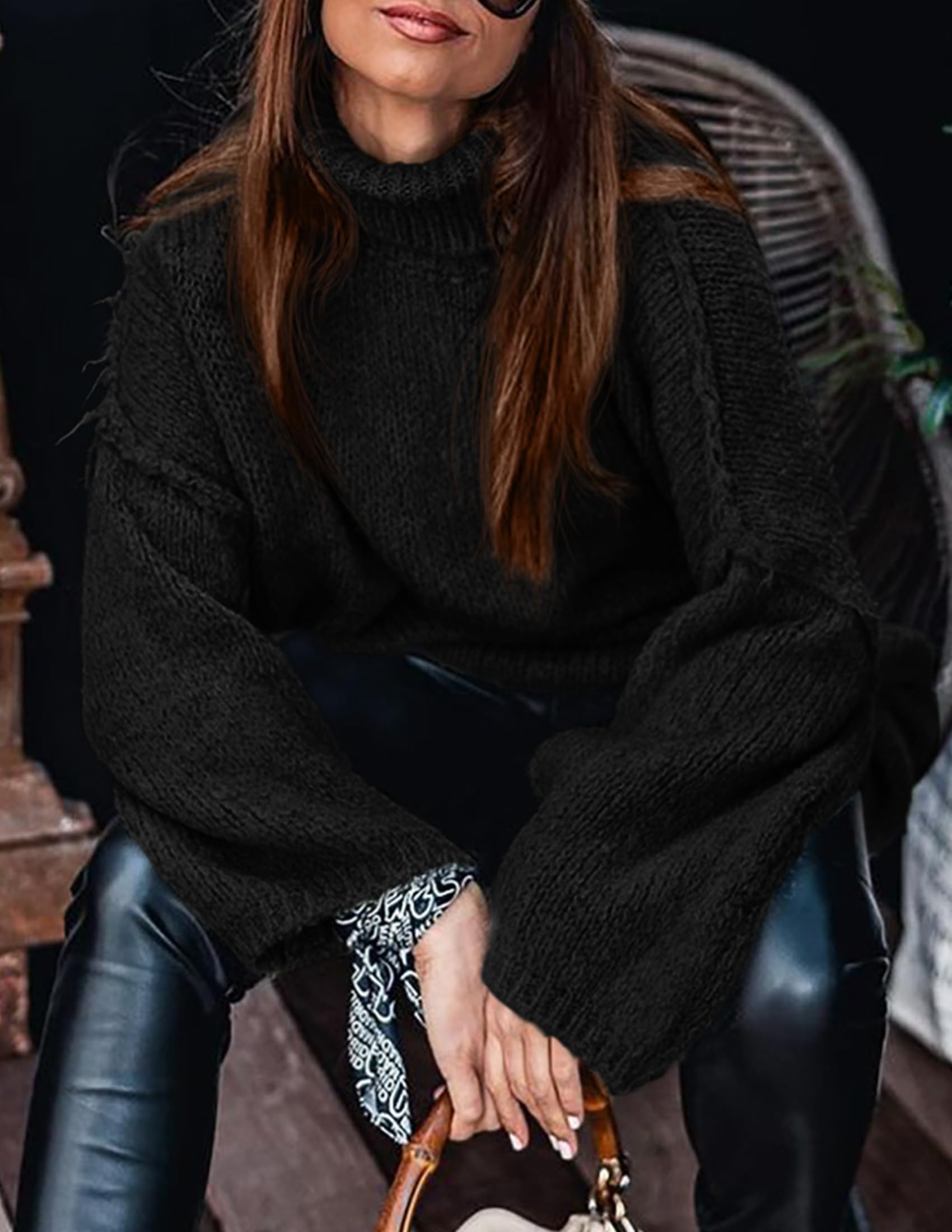 Womens Turtleneck Long Sleeve Oversized Sweaters,Black,S
