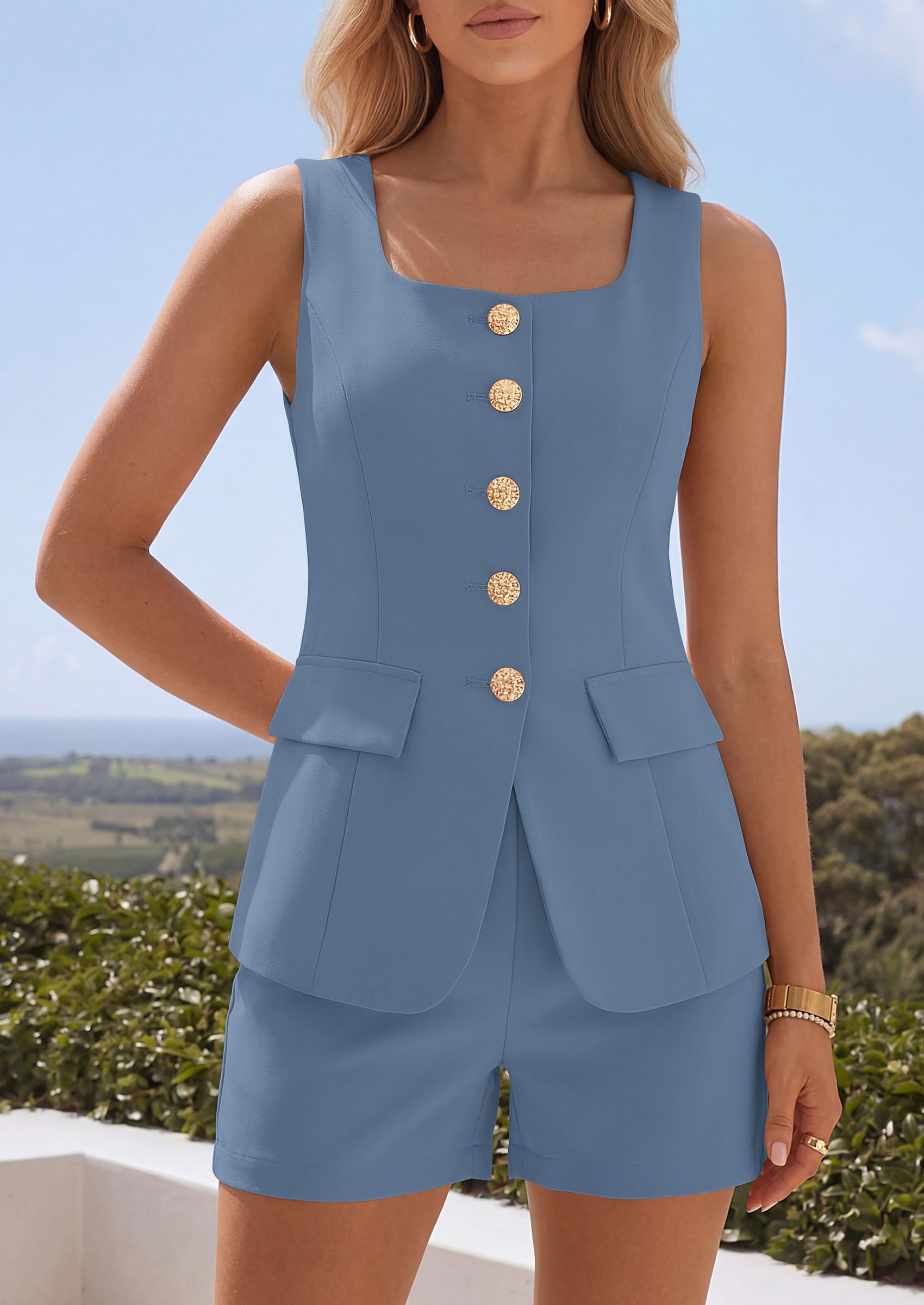 Womens Button Down 2 Piece Matching Sets,Grey Blue,S