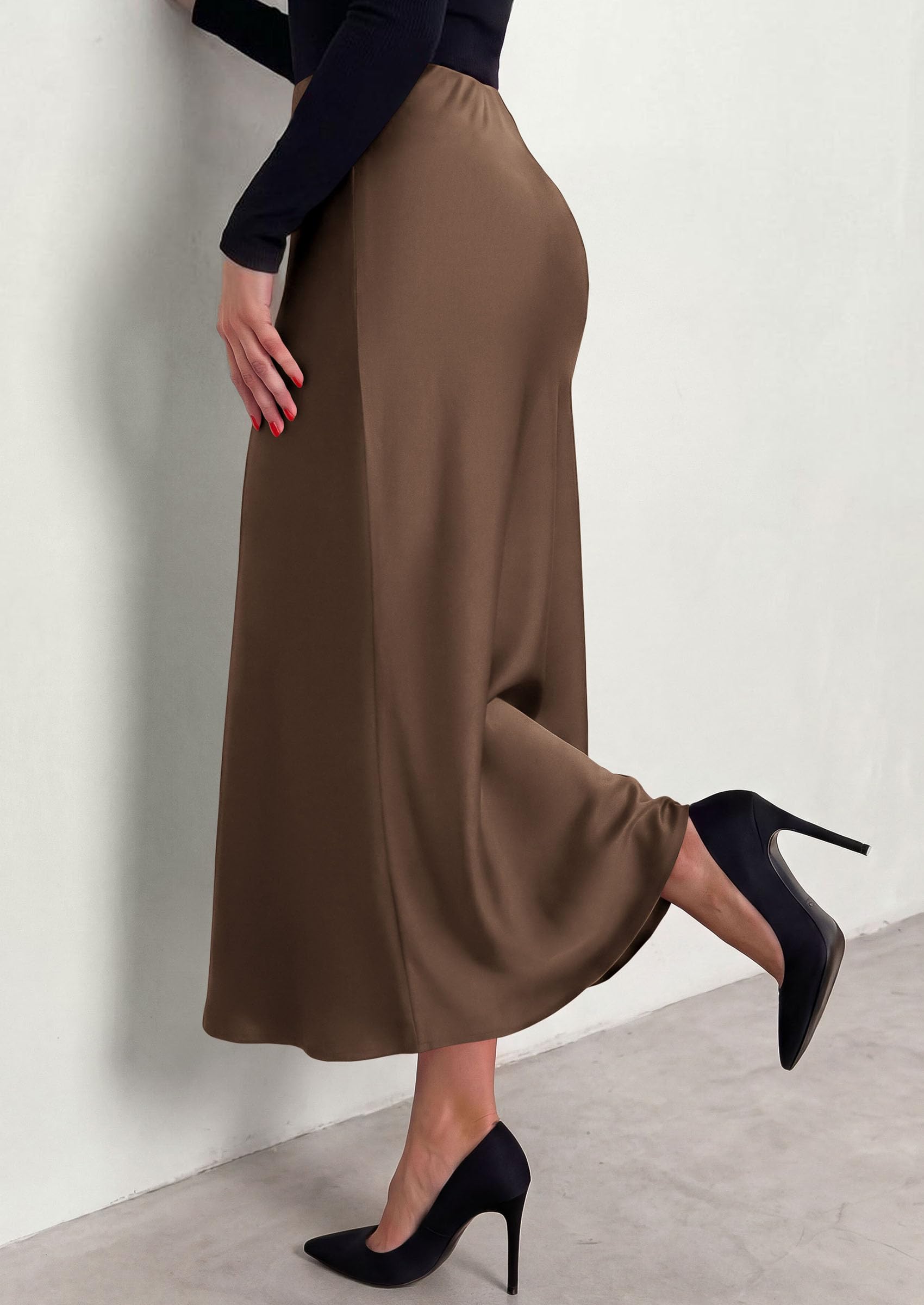 Women's Silk Satin Maxi Skirts Fall Clothes (Brown,L)