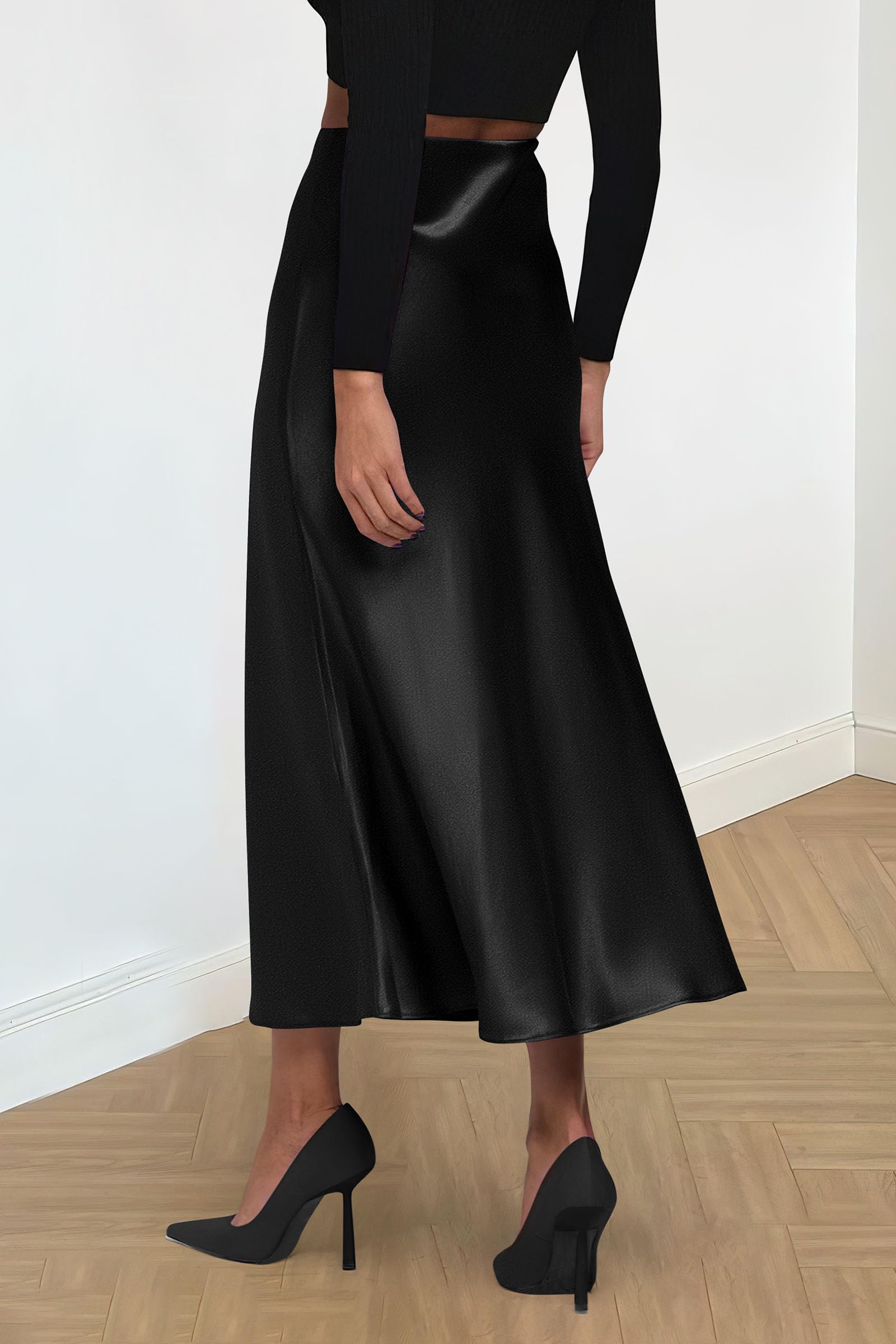 Women's Satin Midi Skirts Dressy Casual,Black,S