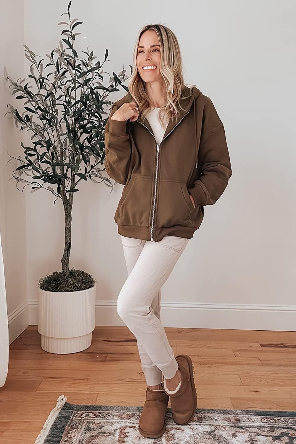 Women's Fall Zip Up Hoodies Sweatshirts Brown