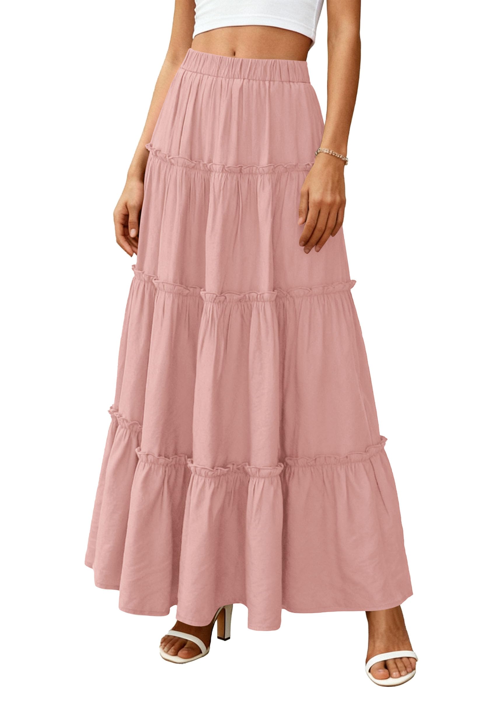 Women's Boho Tiered Ruffle Flowy Maxi Skirt, Pink,S