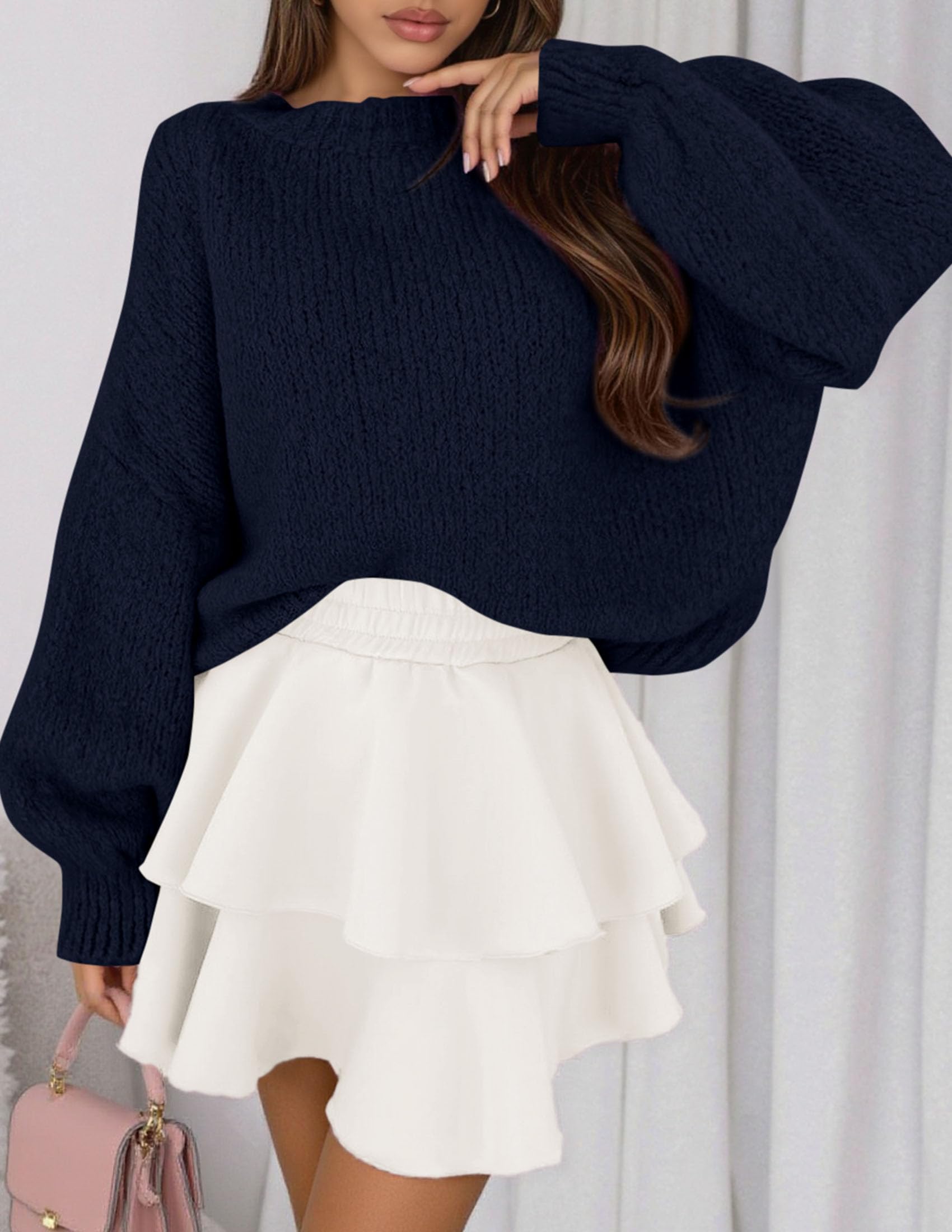 Women's Chunky Knit Oversized Pullover Sweaters,Navy Blue,S