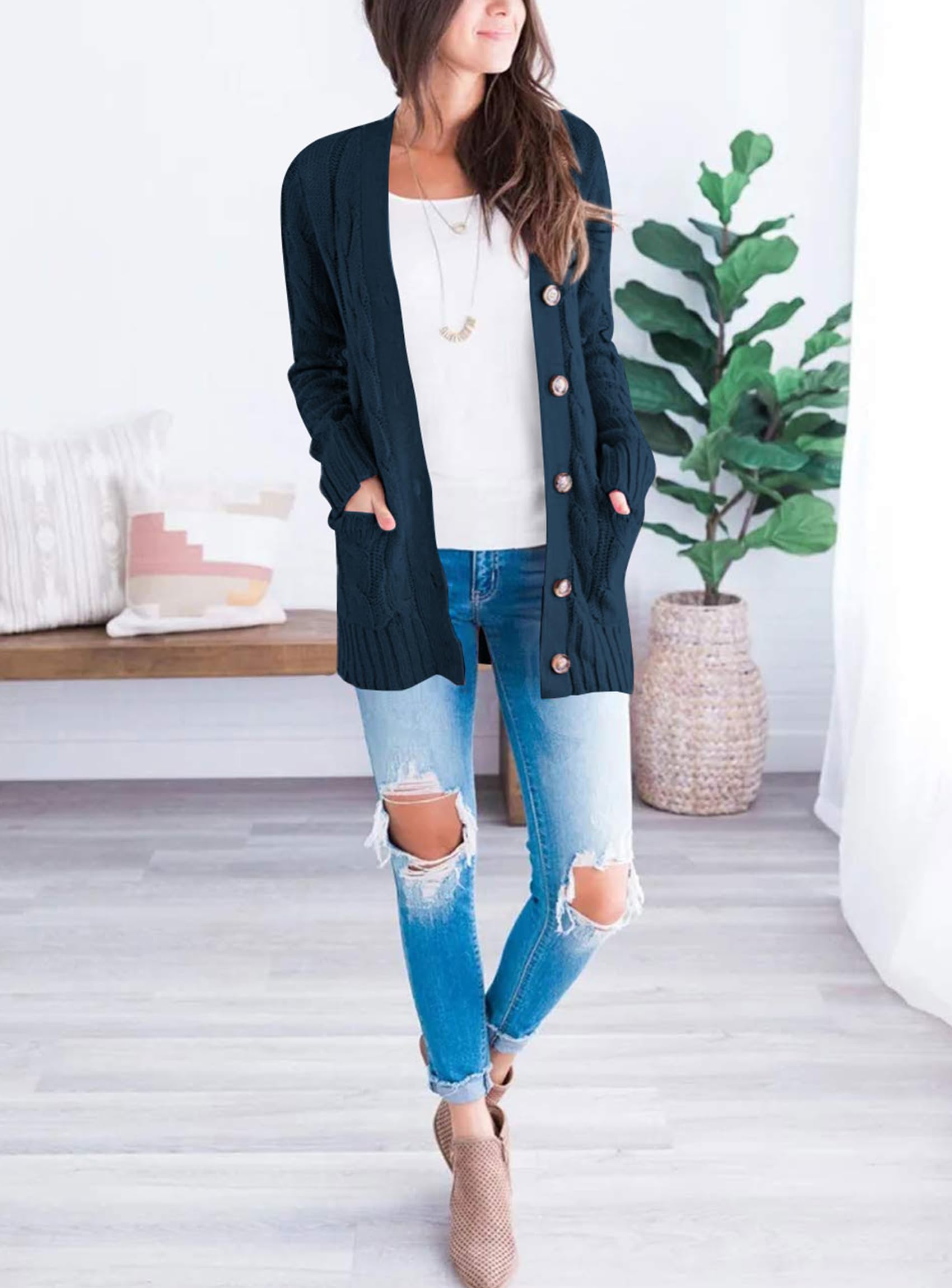 Women Chunky Cable Knit Cardigan Sweaters Fall Fashion Clothes