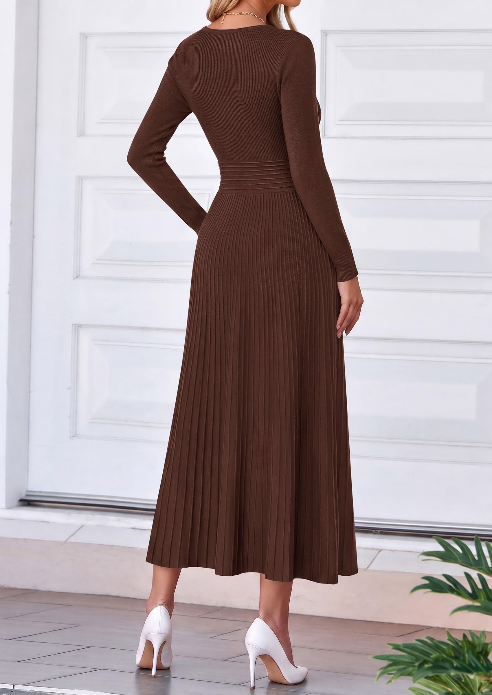 Women's Fall V Neck Pleated Midi Sweater Dress,Brown,M