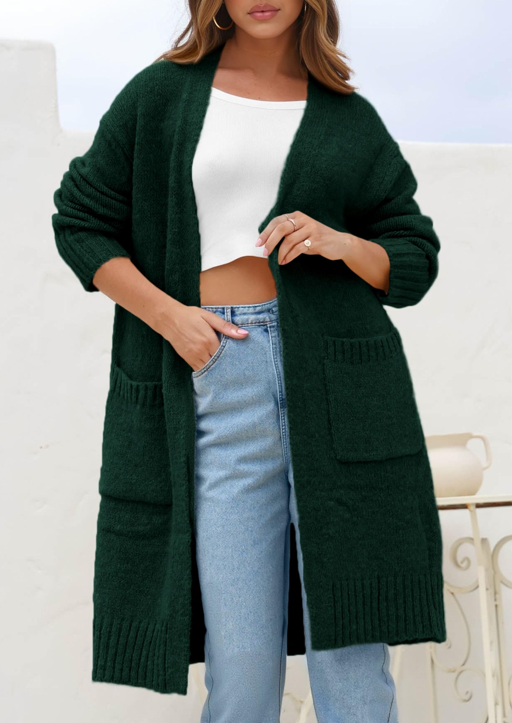 Open Front Cardigan Sweaters for Women,Dark Green,S