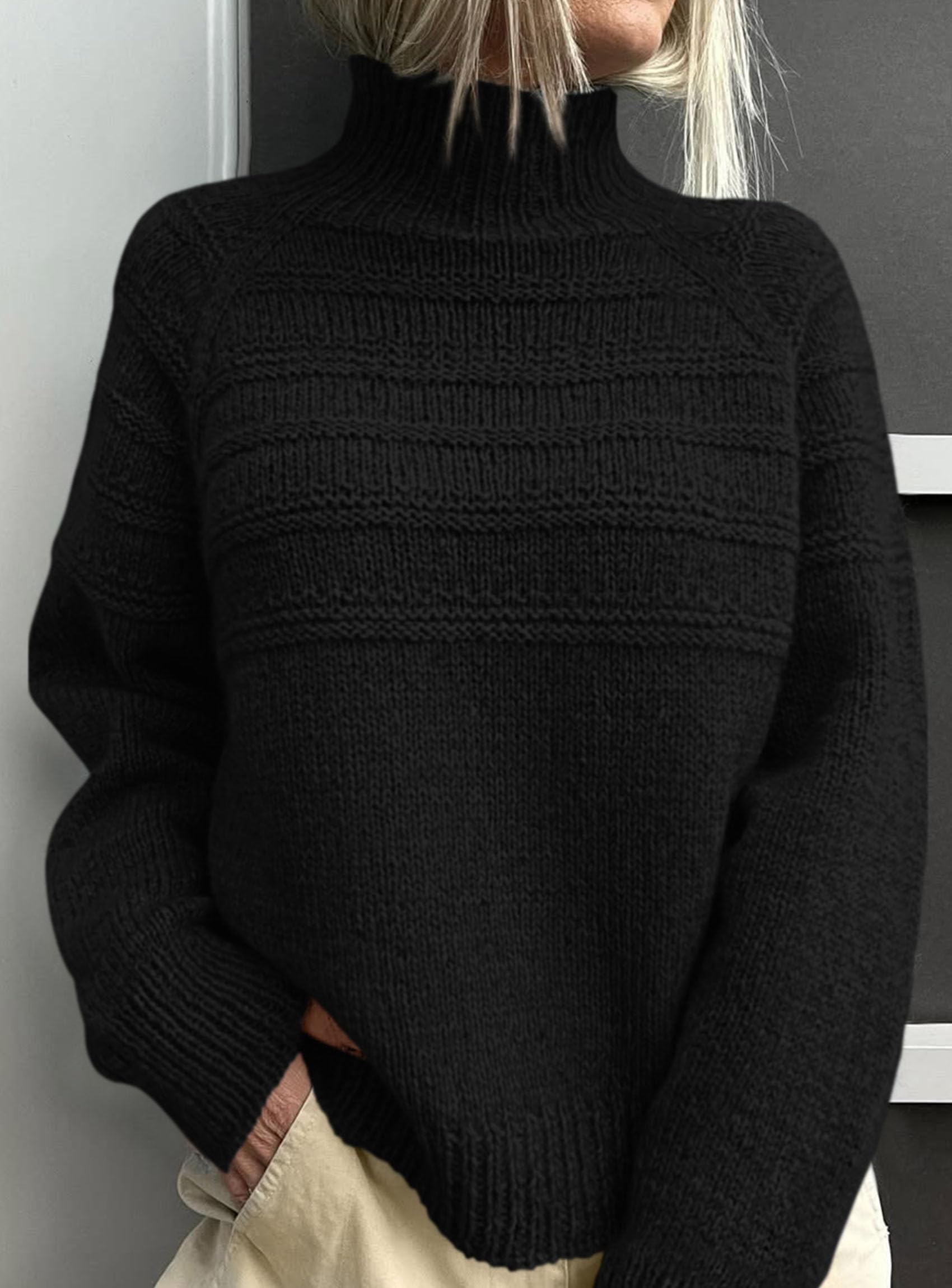 Women's Chunky Knit Mock Neck Pullover Sweaters,Black,S