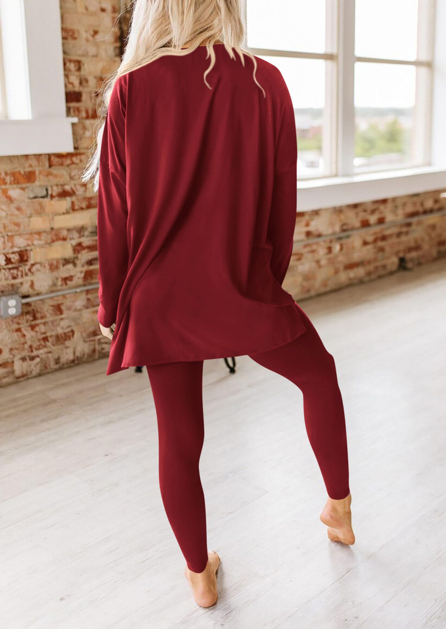 Women's 2 Piece Outfits Matching Lounge Sets,Wine Red,S