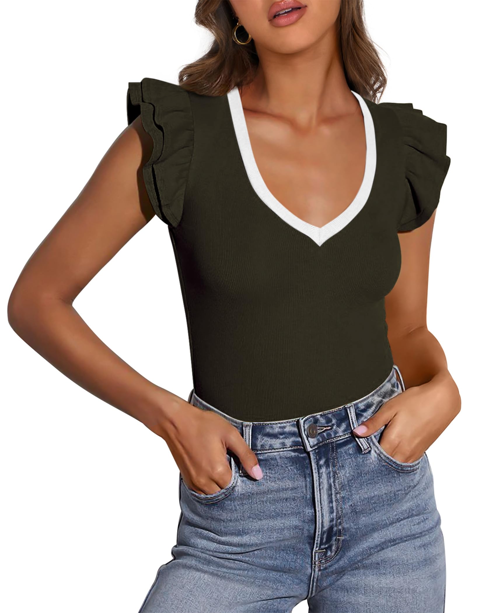 Womens Sleeveless Slim Fit T Shirts,Dark Army Green,S