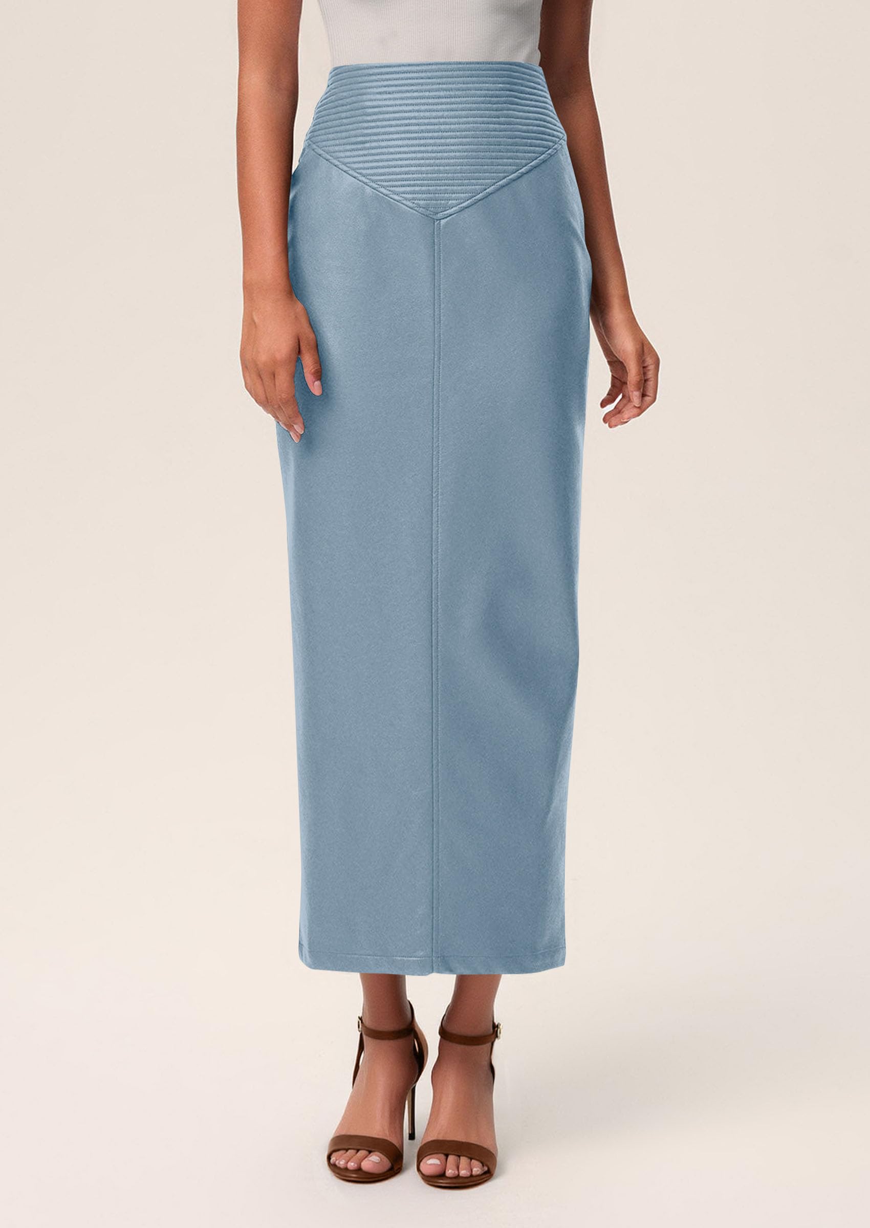 Women's Faux Leather High Waisted Maxi Skirts,Dusty Blue,XS
