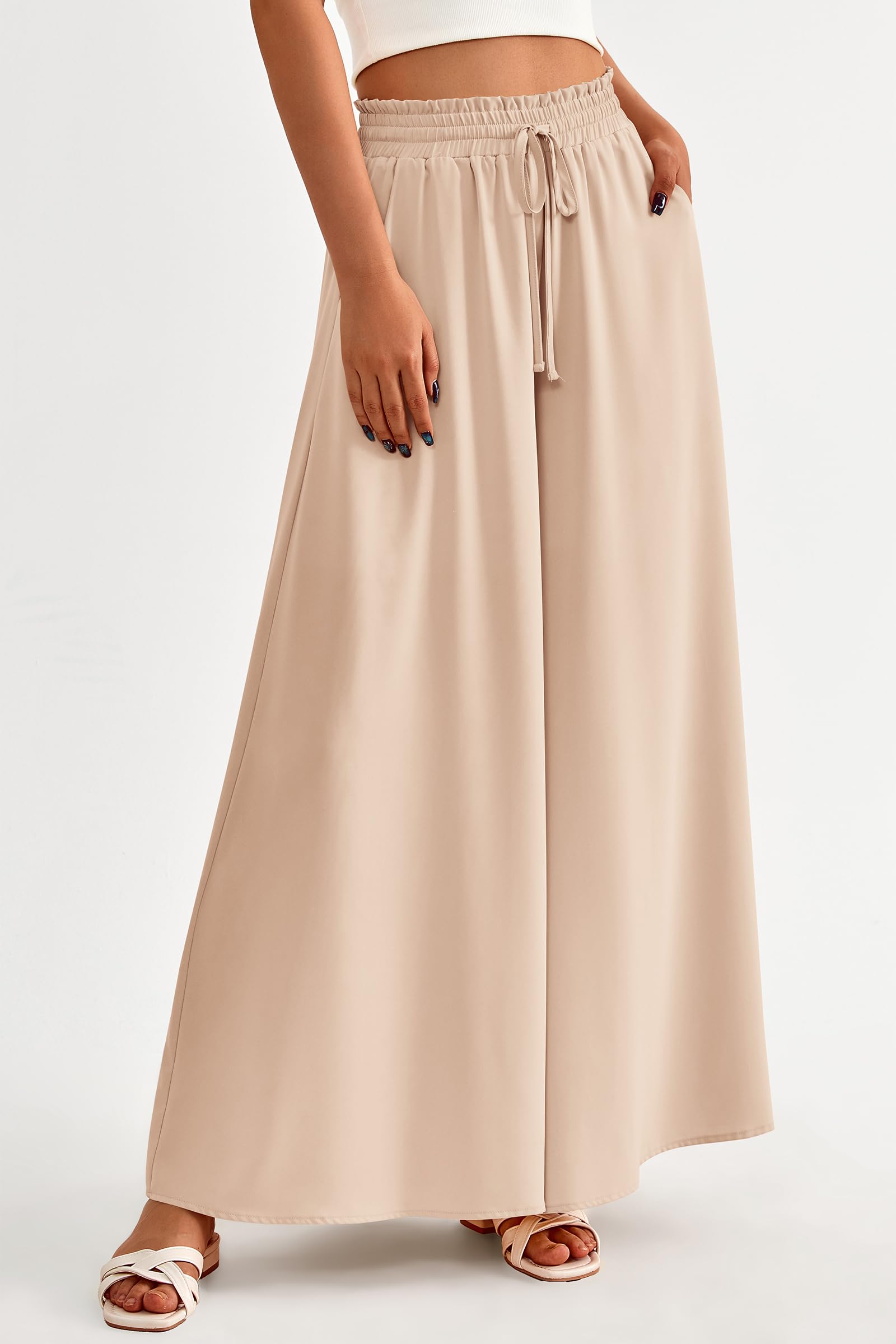 Summer Wide Leg Palazzo Pants for Women Casual,Beige,S