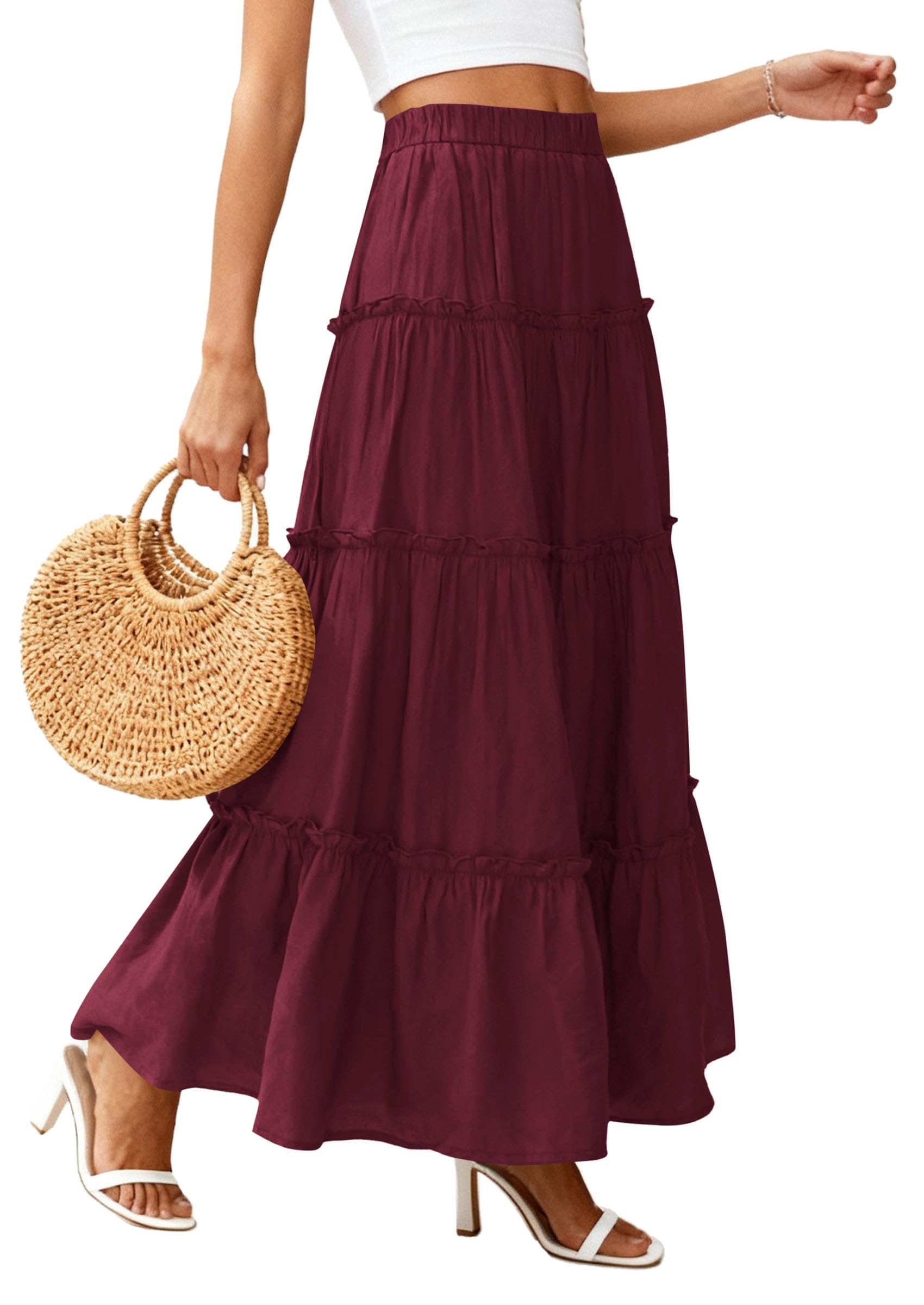 Women's Boho Tiered Ruffle Flowy Maxi Skirt, Burgundy,S