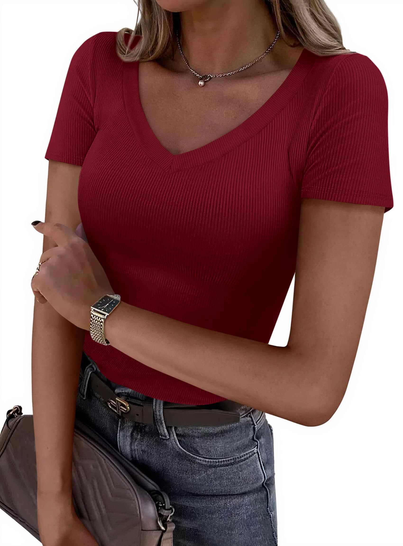 Women's Summer Trendy Tops V Neck T Shirts (Burgundy,XS)