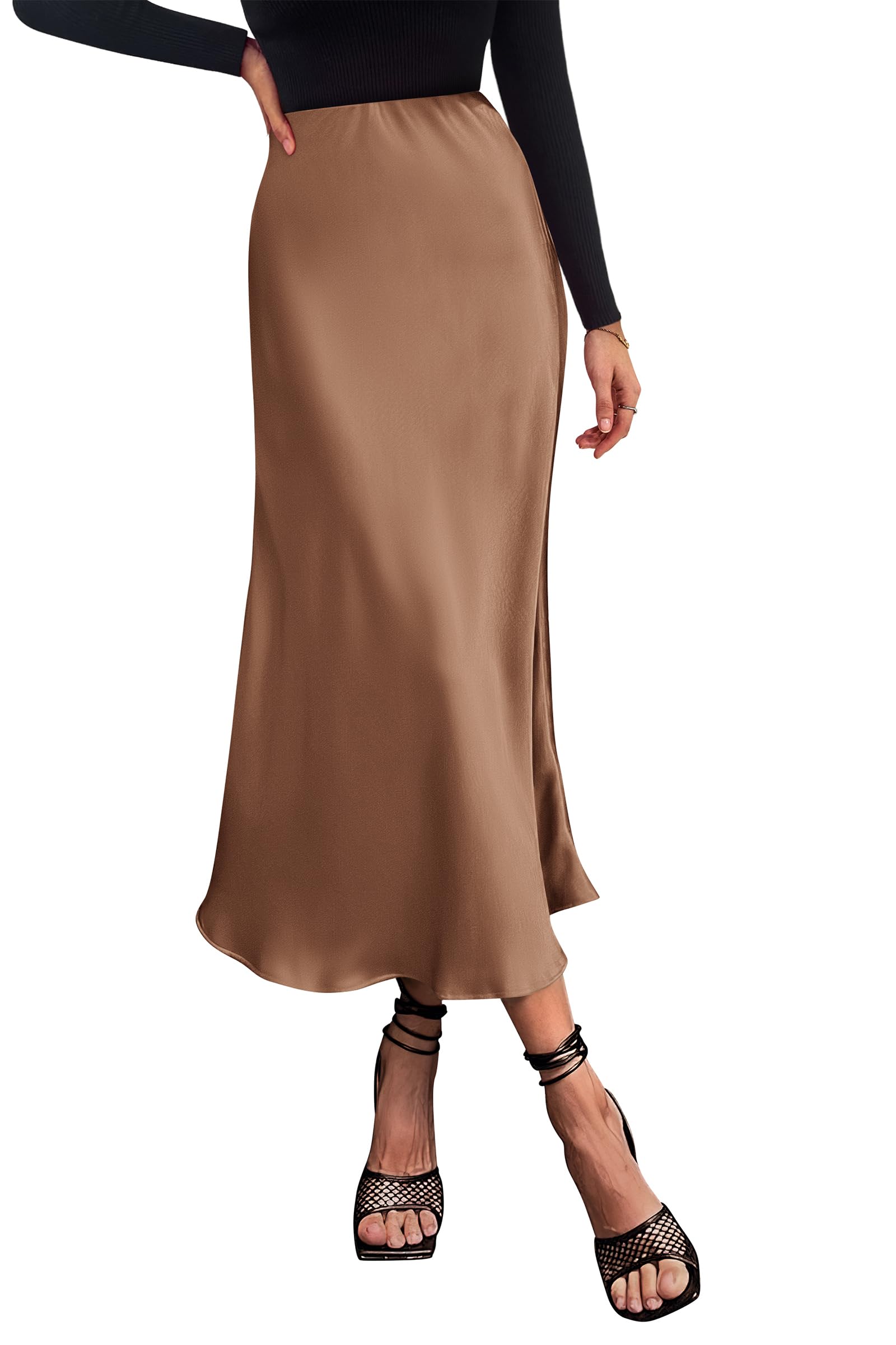 Women's Satin Midi Skirts Dressy Casual,Coffee,S