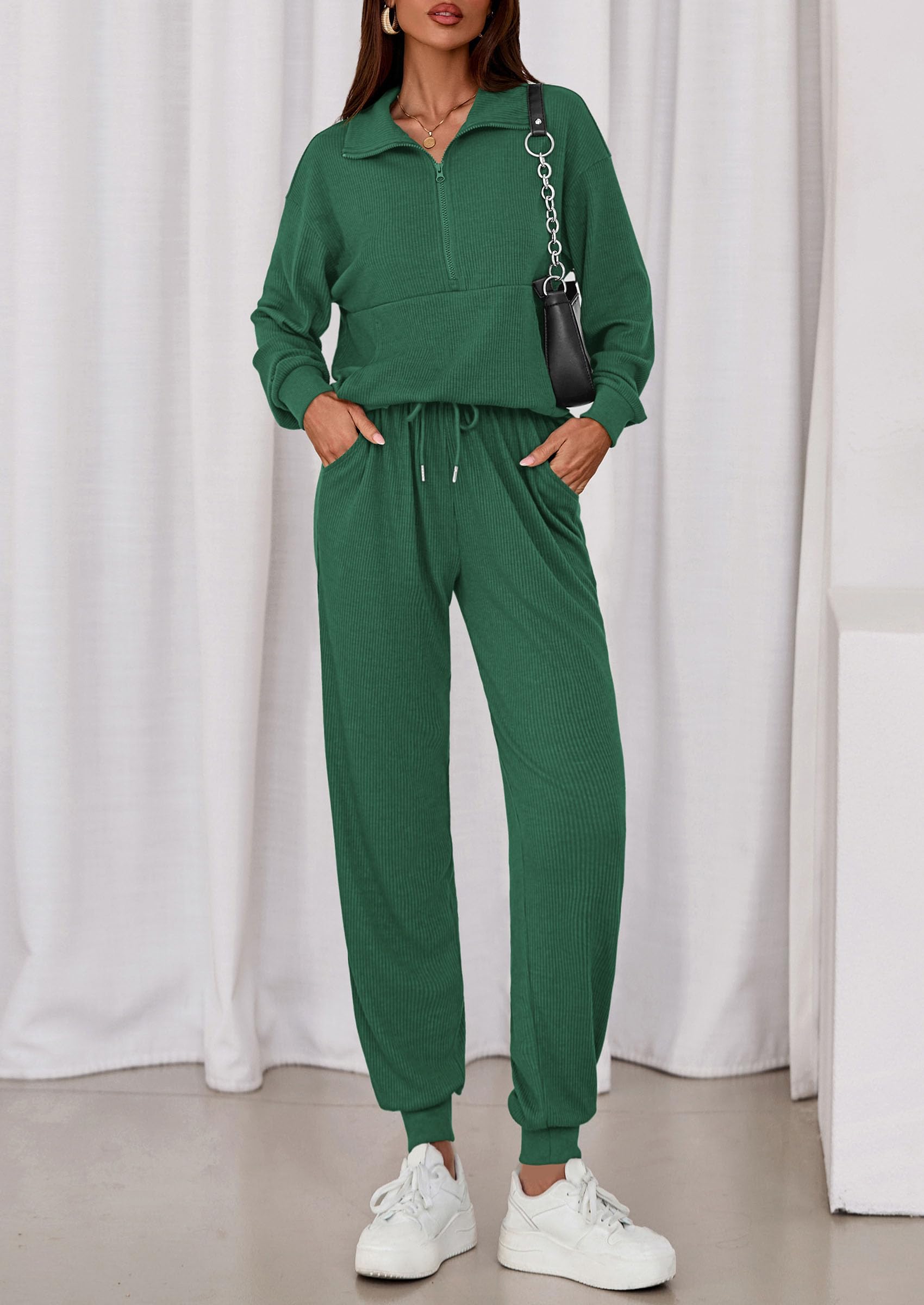 Airport Travel Outfit Women Ribbed Knit Matching Lounge Sets