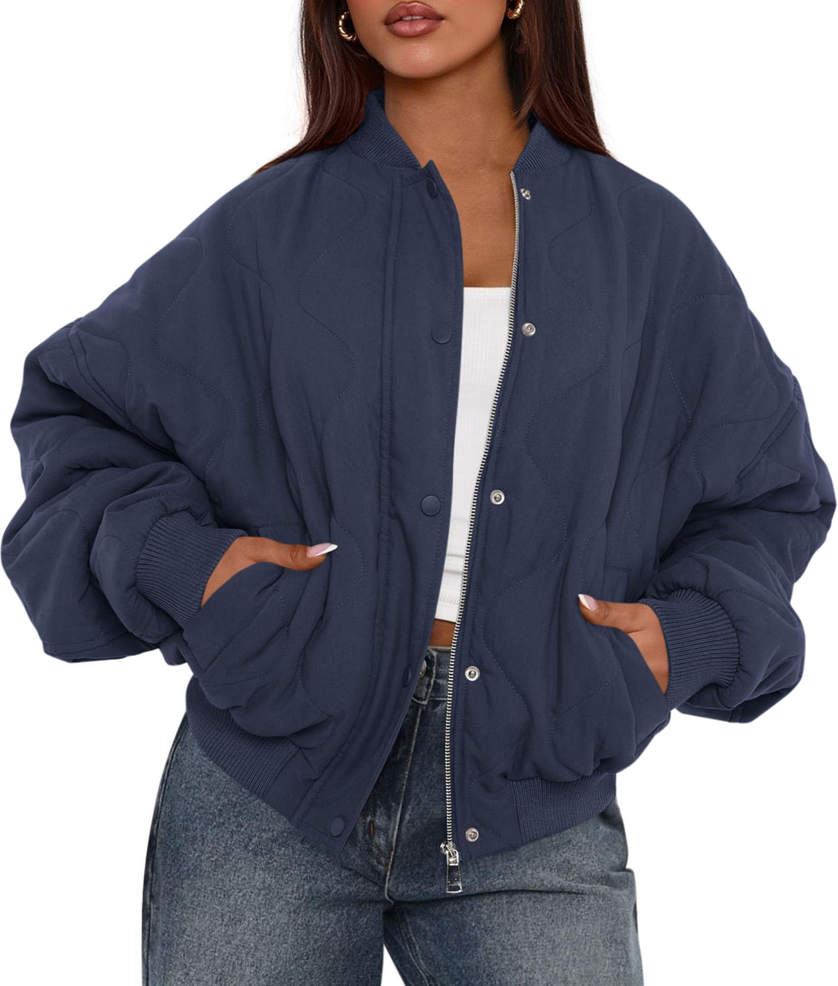 Women's Quilted Bomber Jacket Fall Fashion 2026 Lightweight Cropped Zip up Outerwear Winter Puffer Coats Pockets (Navy Blue,Small)