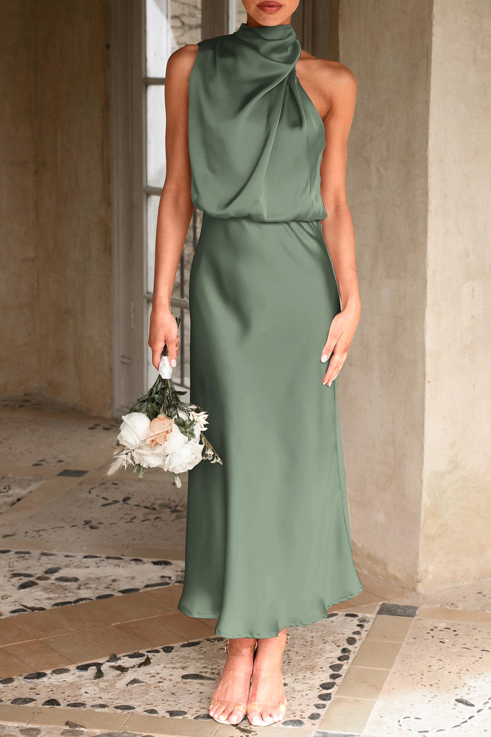 Women's Summer Satin Maxi Cocktail Dress Army Green