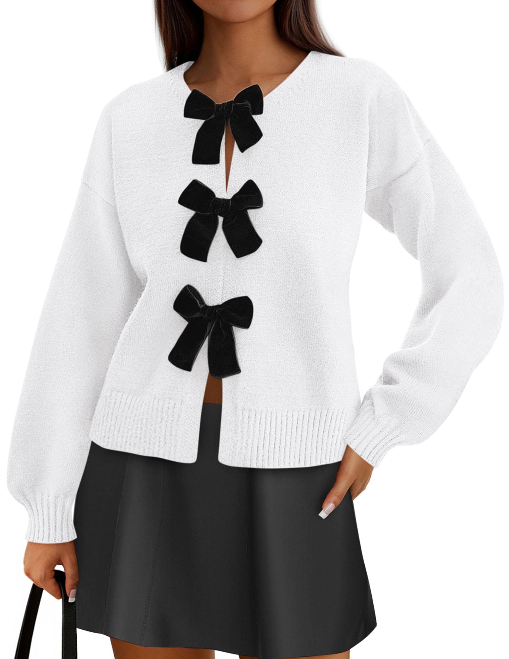Women's Fall Bow Tie Front Cardigan Sweaters,White,S
