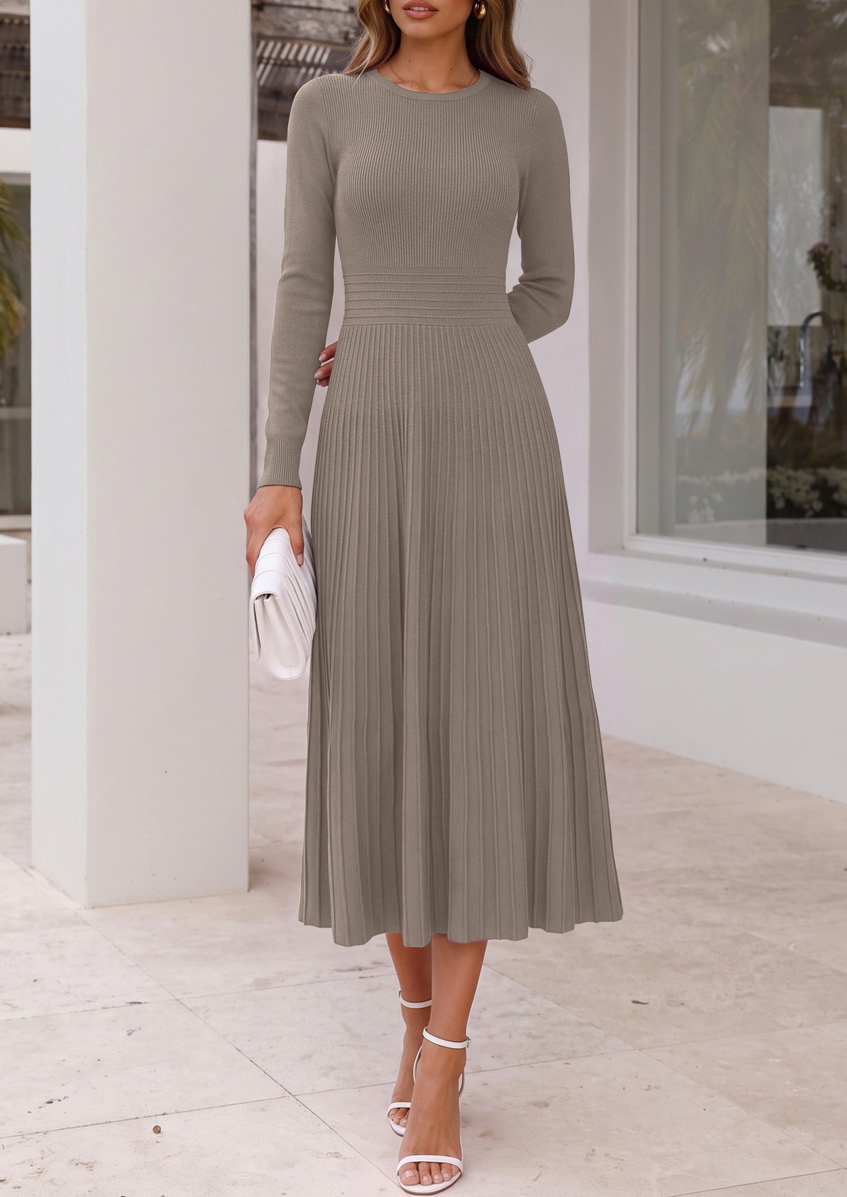 Women's Long Sleeve Knit Maxi Sweater Dress,Grey Khaki,S