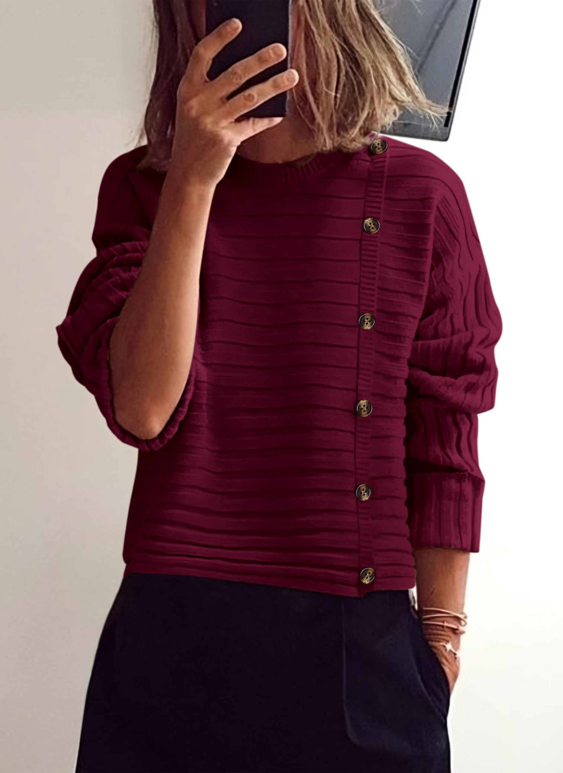 Womens Asymmetric Button Long Sleeve Sweater,Wine Red,S