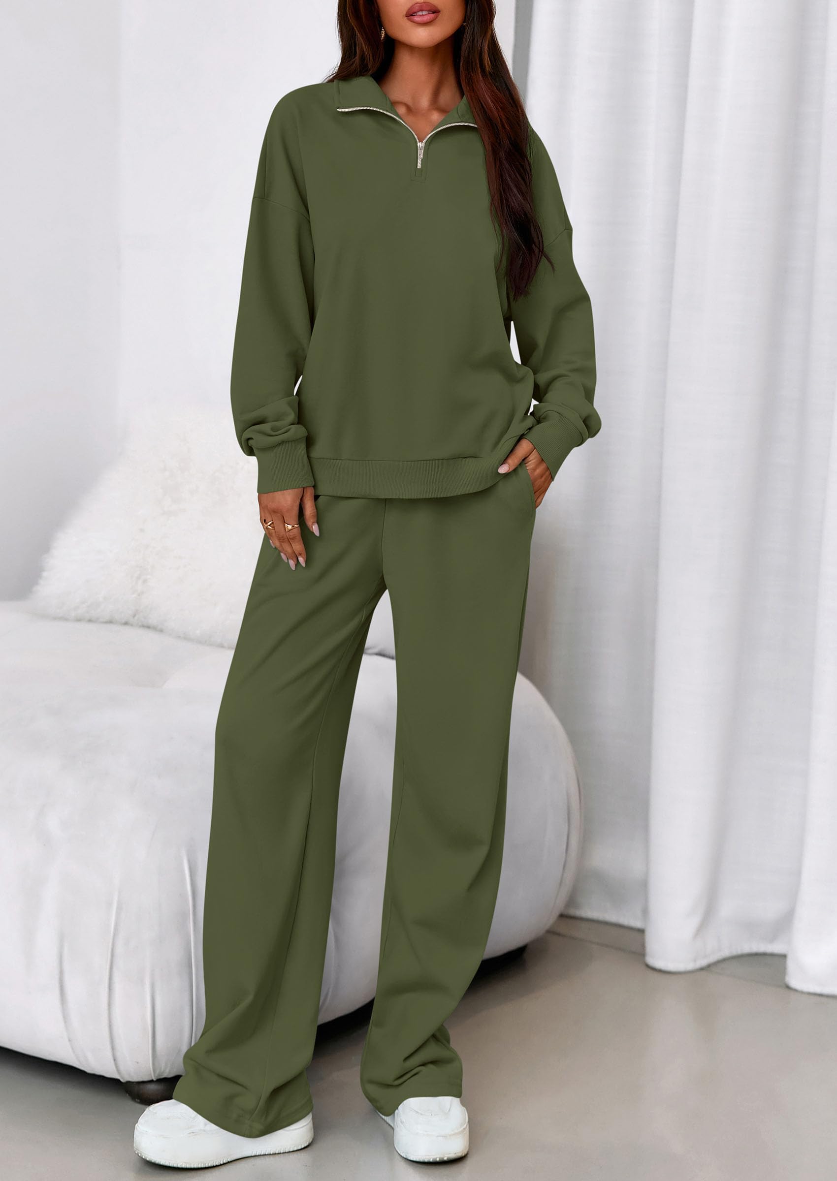 Womens 2 Piece Outfits Matching Lounge Sets,Army Green,M
